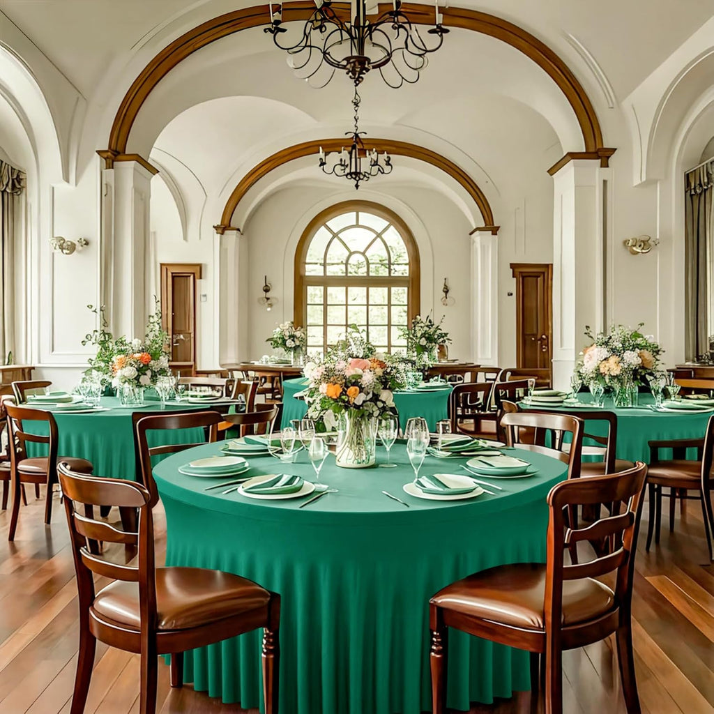 leegleri 6 Pack Emerald Spandex Round Tablecloths, Stretchy 120inch Fitted 5FT Table Cloths with Skirt for Wedding Party Dining Banquet