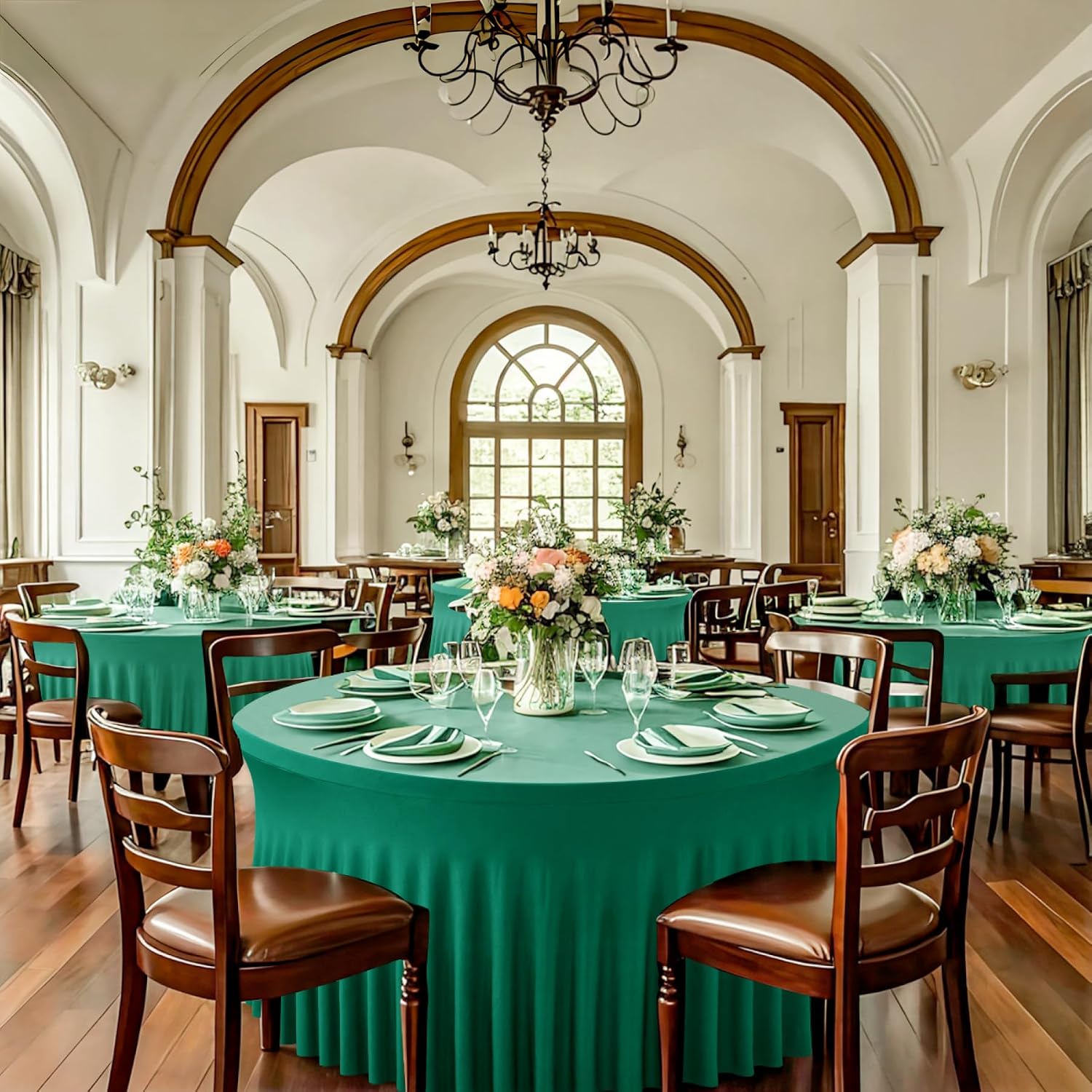 leegleri 6 Pack Emerald Spandex Round Tablecloths, Stretchy 120inch Fitted 5FT Table Cloths with Skirt for Wedding Party Dining Banquet
