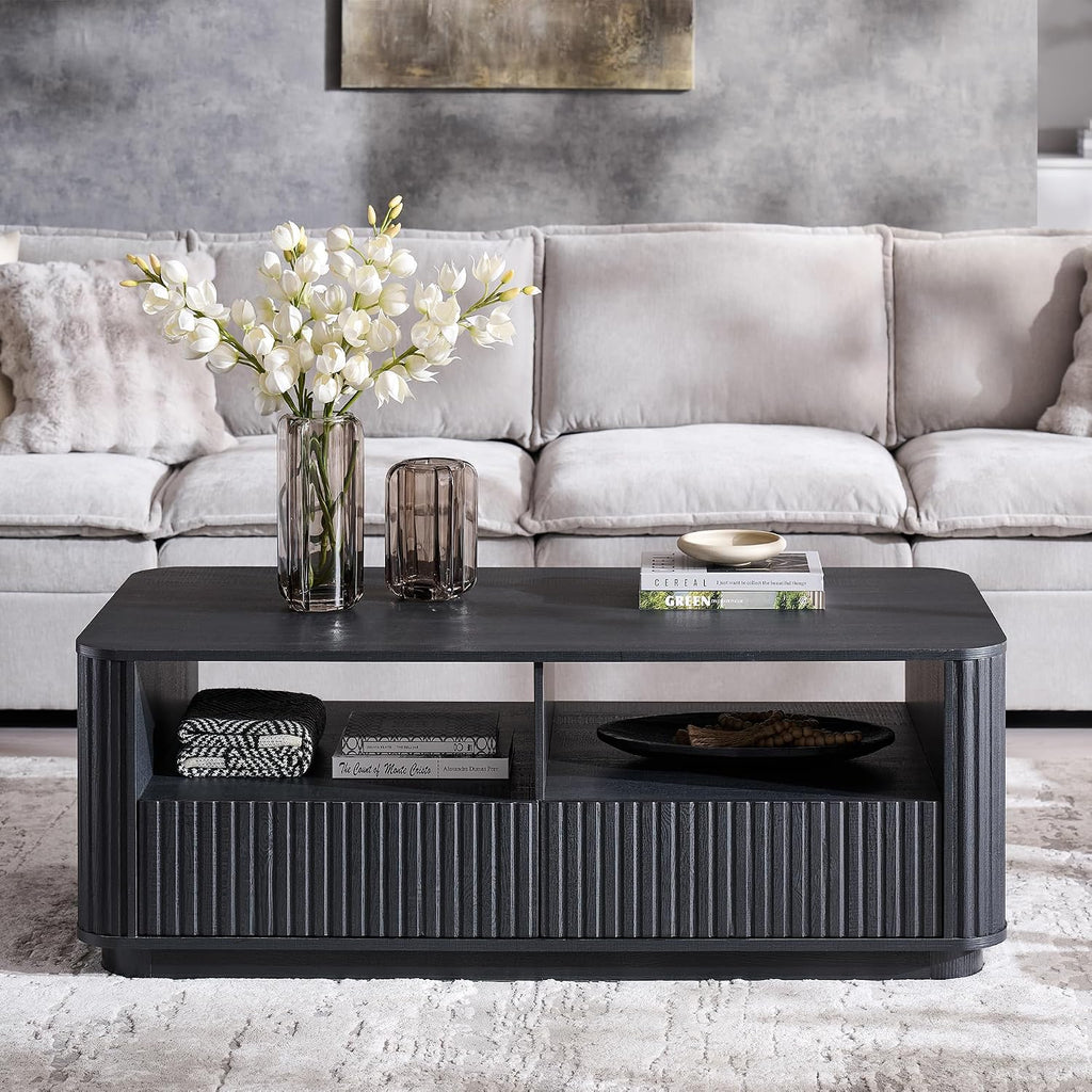 ACCOHOHO 51' Fluted Coffee Table with Storage, Large Modern Center Table with 2 Drawers, Rectangle Wood Coffee Table for Living Room