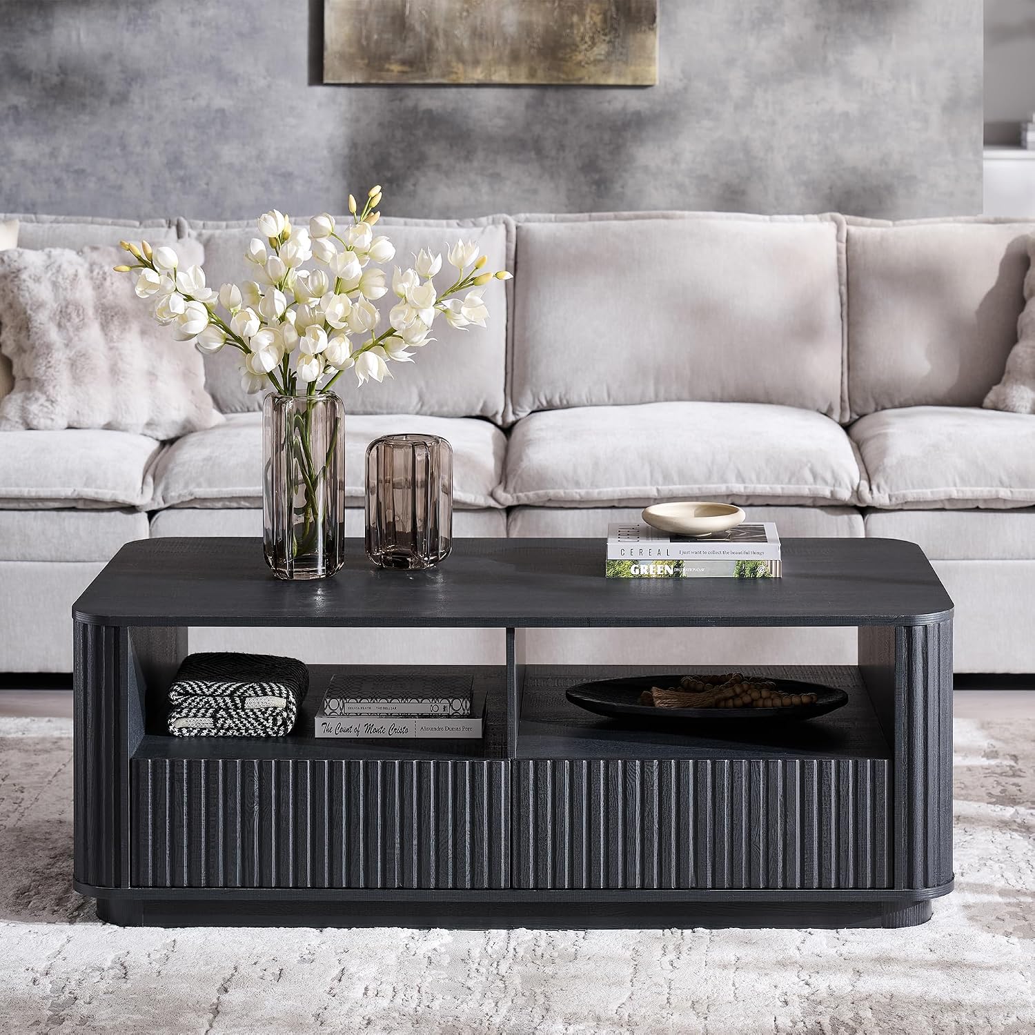 ACCOHOHO 51' Fluted Coffee Table with Storage, Large Modern Center Table with 2 Drawers, Rectangle Wood Coffee Table for Living Room