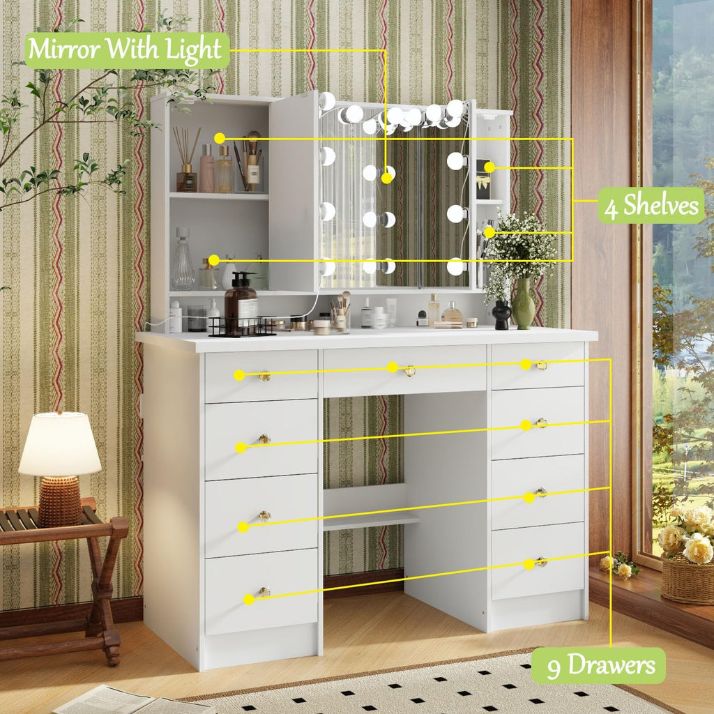 Timechee Vanity Mirror with Lights, Makeup Corner Vanity Desk Set with 9 Storage Drawers, 4 Large Shelves, 3 Color Lighting Options, Small Bulbs for Bedroom, White