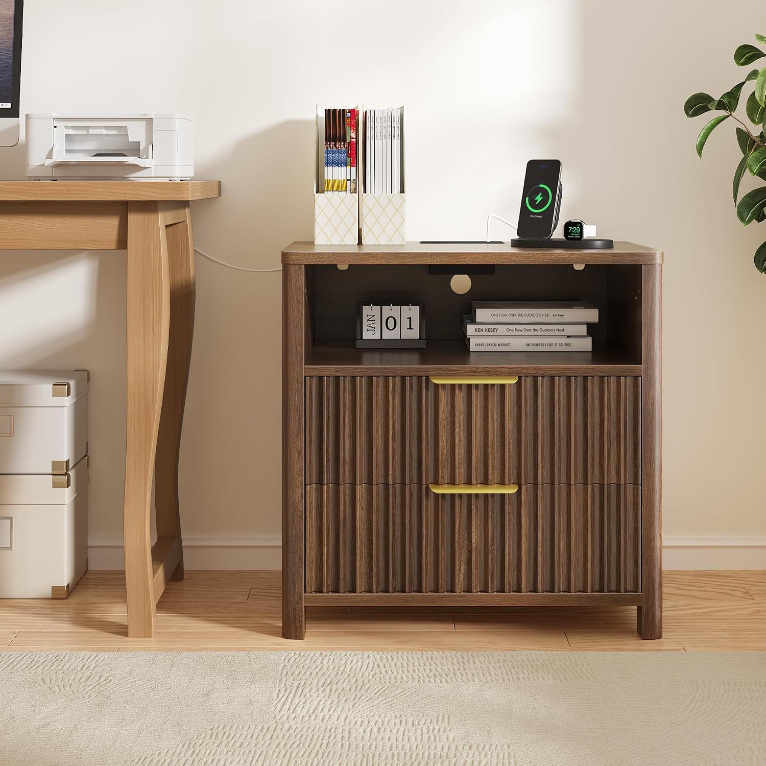 CypBed 23' Wide Fluted Nightstand with Charging Station,24'' Tall Modern Mid Century Night Stand with 2 Drawers,Wood Bedside Table with Curved Profile Design,Large End Table for Bedroom,Walnut,1 Pcs