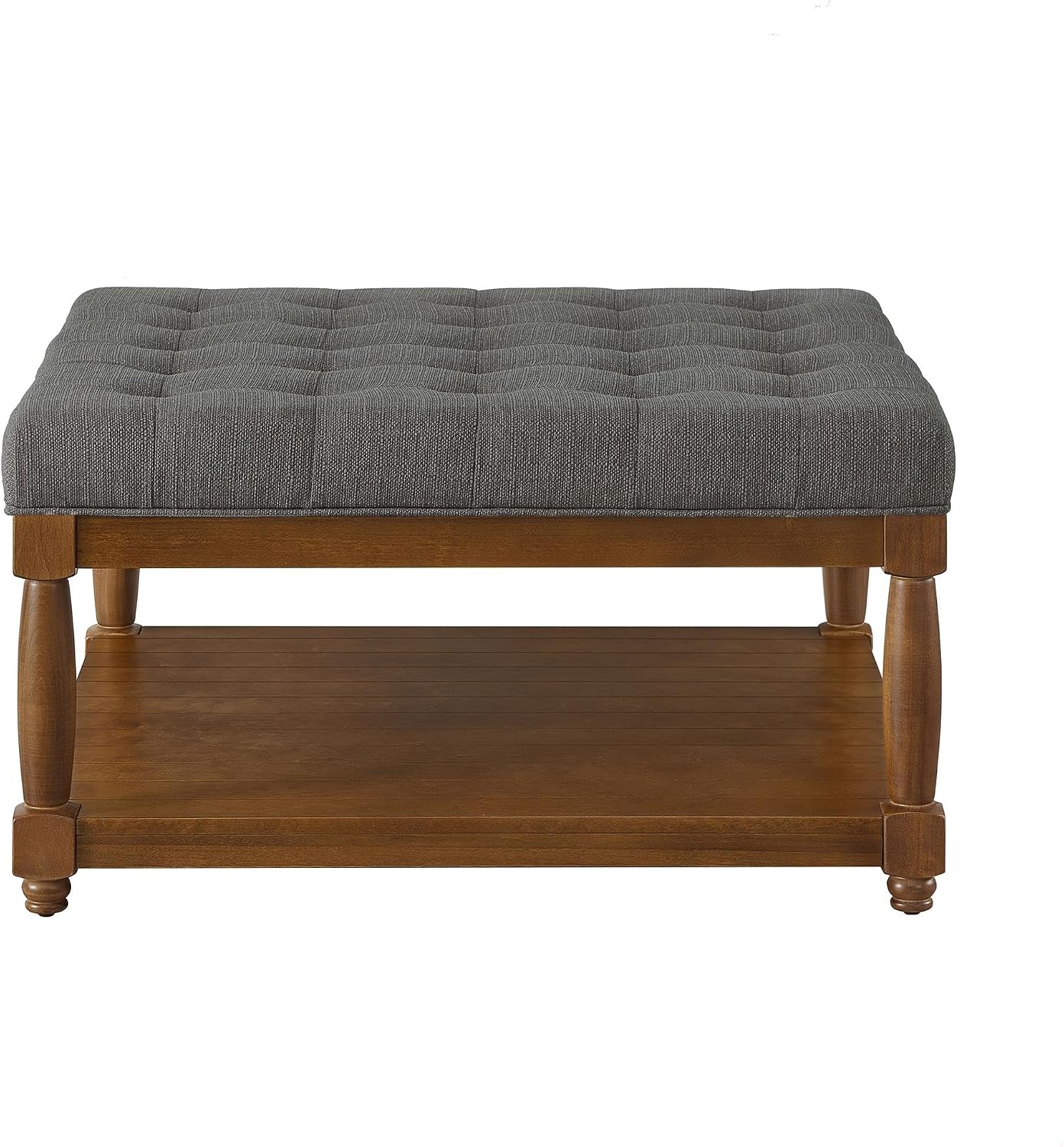 GDFStudio Large Square Upholstered Tufted Linen Ottoman Coffee Table with Solid Wood Frame and Open Storage Shelf, Nailhead Trim Accent Footrest for Living Room, Granite