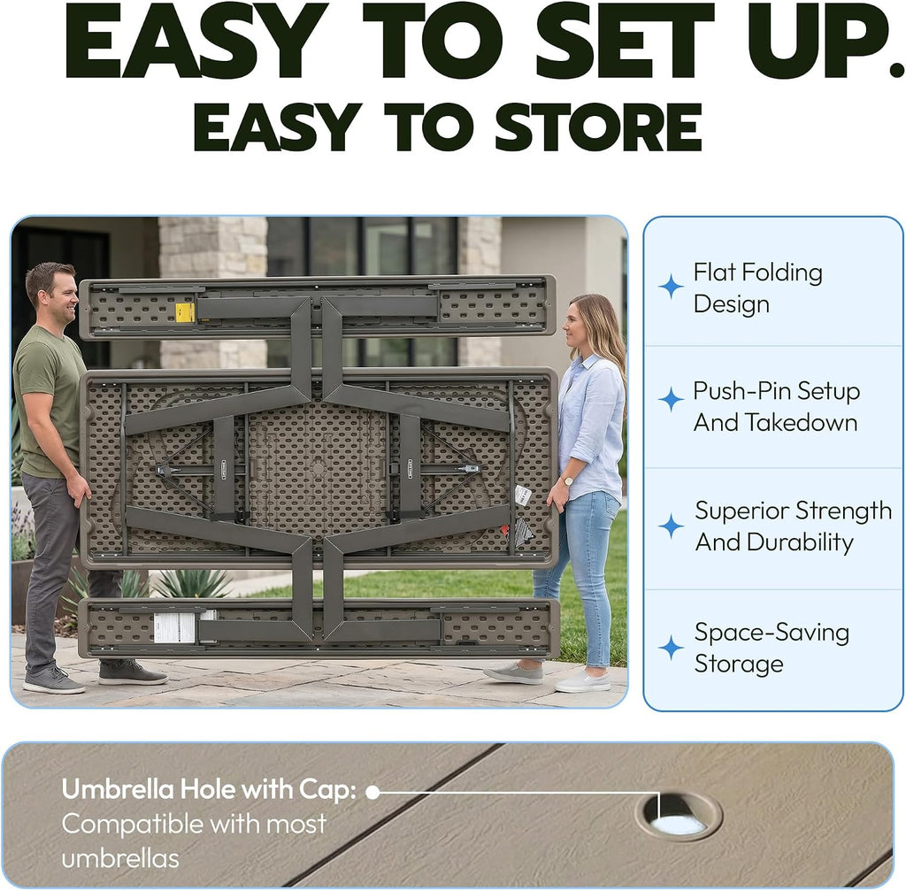 LIFETIME 6-Foot Folding Picnic Table with Benches, Seats 8, Heavy-Duty HDPE Tabletop, Steel Frame, Weather & UV Resistant Outdoor Picnic Table with Umbrella Hole