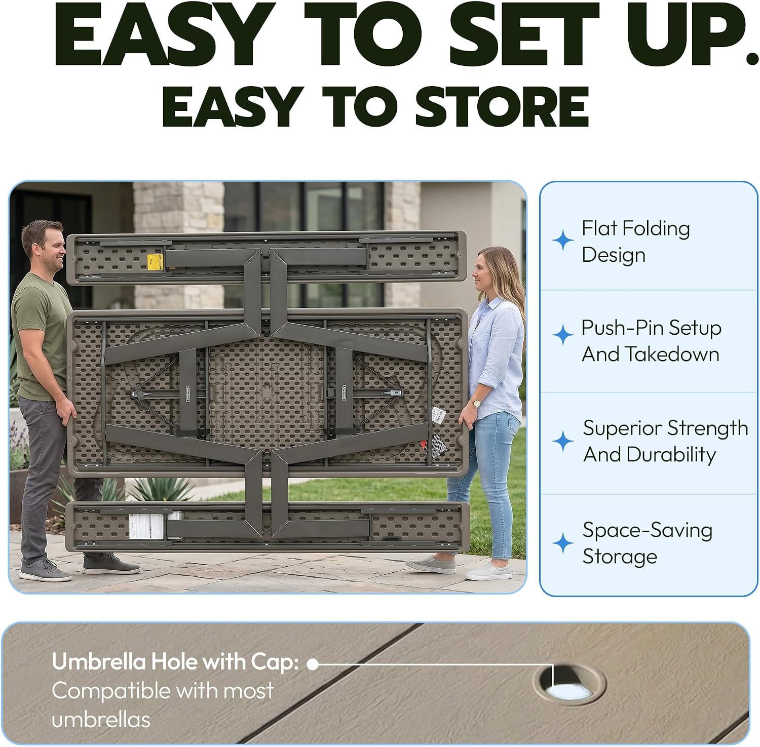 LIFETIME 6-Foot Folding Picnic Table with Benches, Seats 8, Heavy-Duty HDPE Tabletop, Steel Frame, Weather & UV Resistant Outdoor Picnic Table with Umbrella Hole