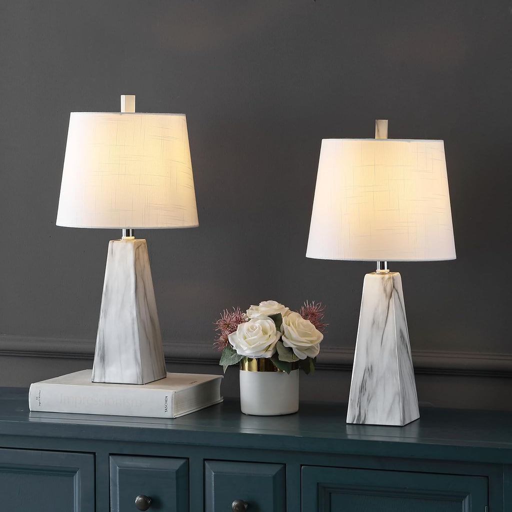 JONATHAN Y 20.5' White Marble Finish Modern Resin Table Lamp for Bedroom Living Room, Contemporary Faceted Bedside Lamp with White Linen Shade, LED Bulb Included (JYL1037A-SET2)