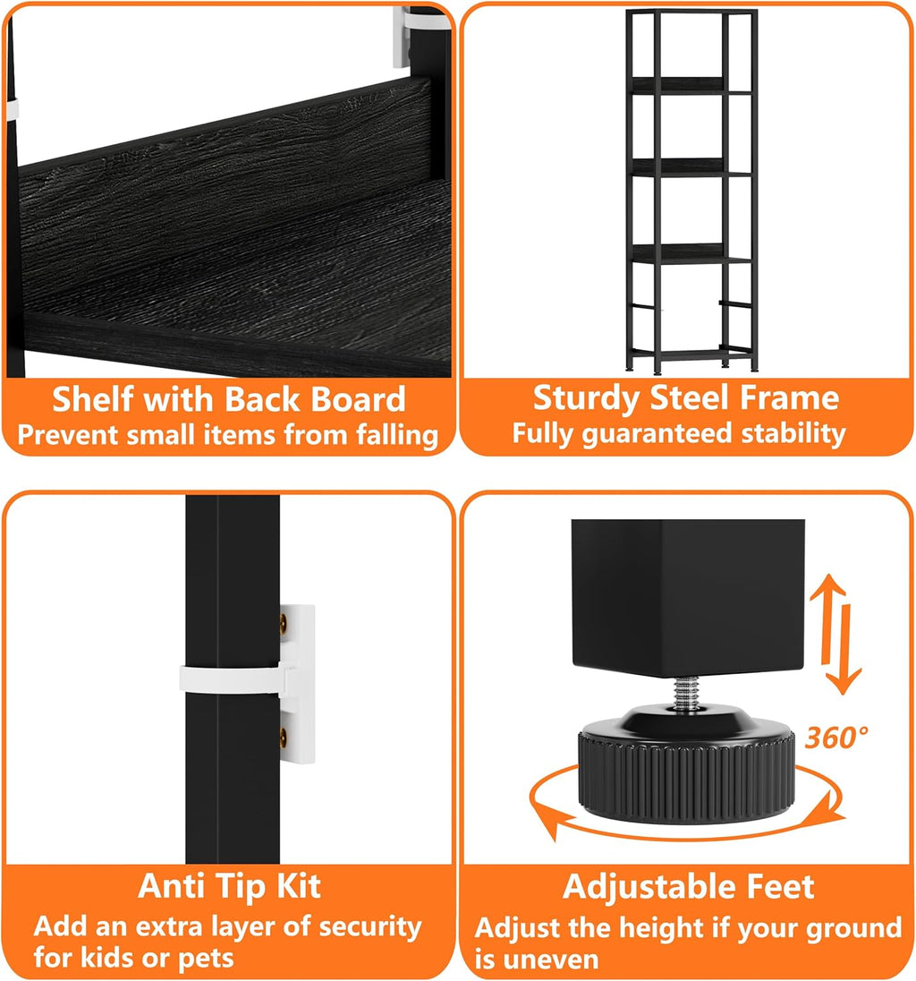 Furnulem Black Dresser with 5 Drawers, Vertical Storage Tower Fabric Dresser for Bedroom, 4-Tier Corner Shelf, Bookshelf with 2 Storage Drawers, 57.28'Tall Narrow Bookcase