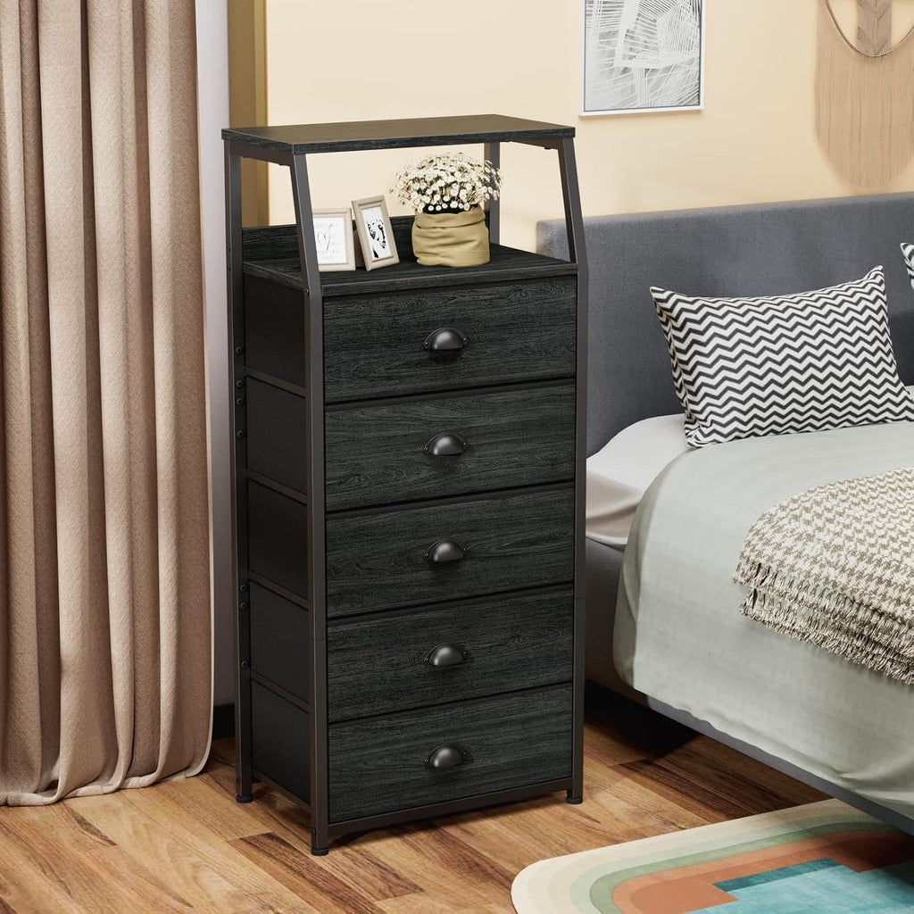 Furnulem Black Dresser with 5 Drawers, Vertical Storage Tower Fabric Dresser for Bedroom, 4-Tier Corner Shelf, Bookshelf with 2 Storage Drawers, 57.28'Tall Narrow Bookcase