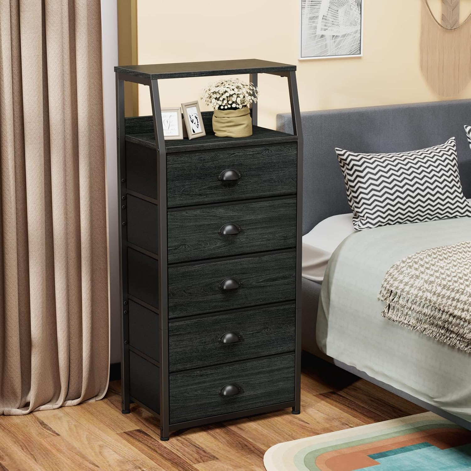 Furnulem Black Dresser with 5 Drawers, Vertical Storage Tower Fabric Dresser for Bedroom, 4-Tier Corner Shelf, Bookshelf with 2 Storage Drawers, 57.28'Tall Narrow Bookcase