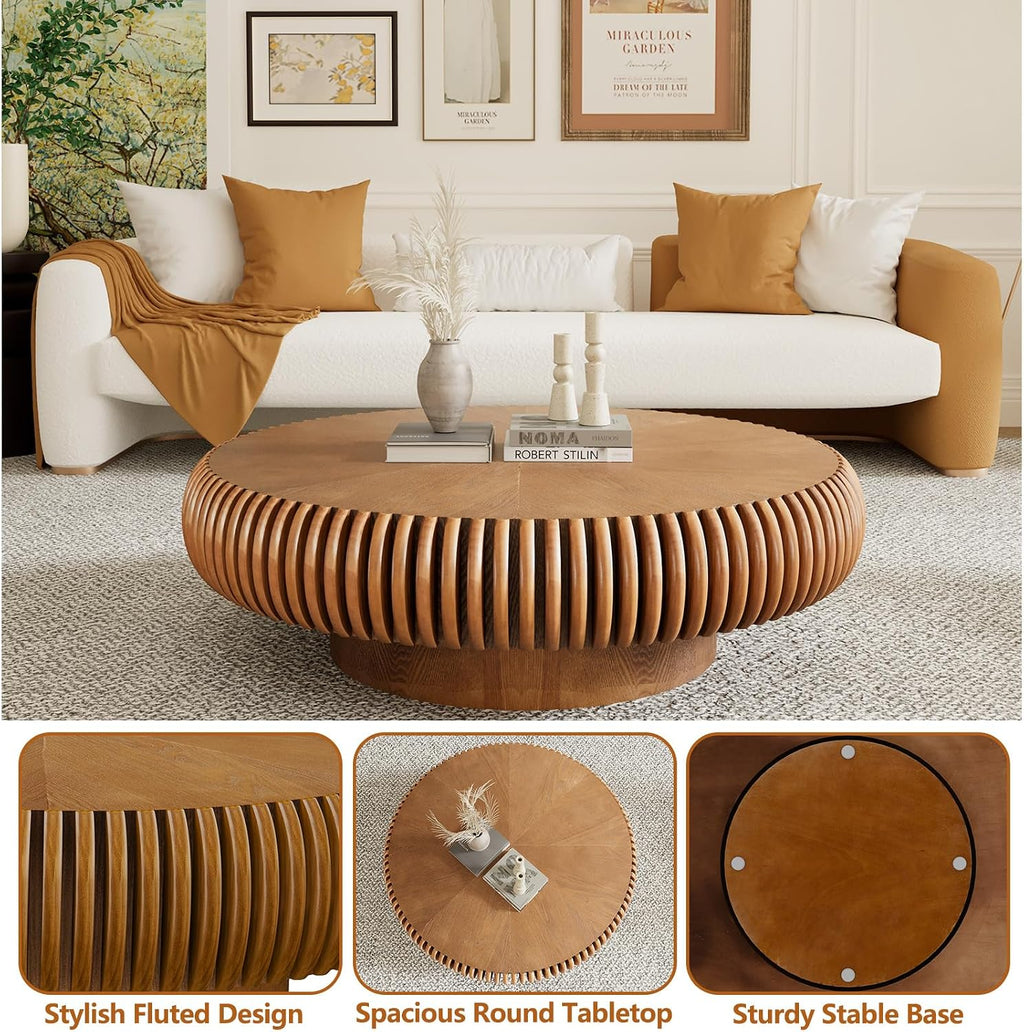 Round Drum Coffee Table with Sturdy Pedestal, Modern Wooden Fluted Coffee Table, Circle Center Table Accent Tea Table for Living Room Apartment Office Reception Room (Brown D39.4)