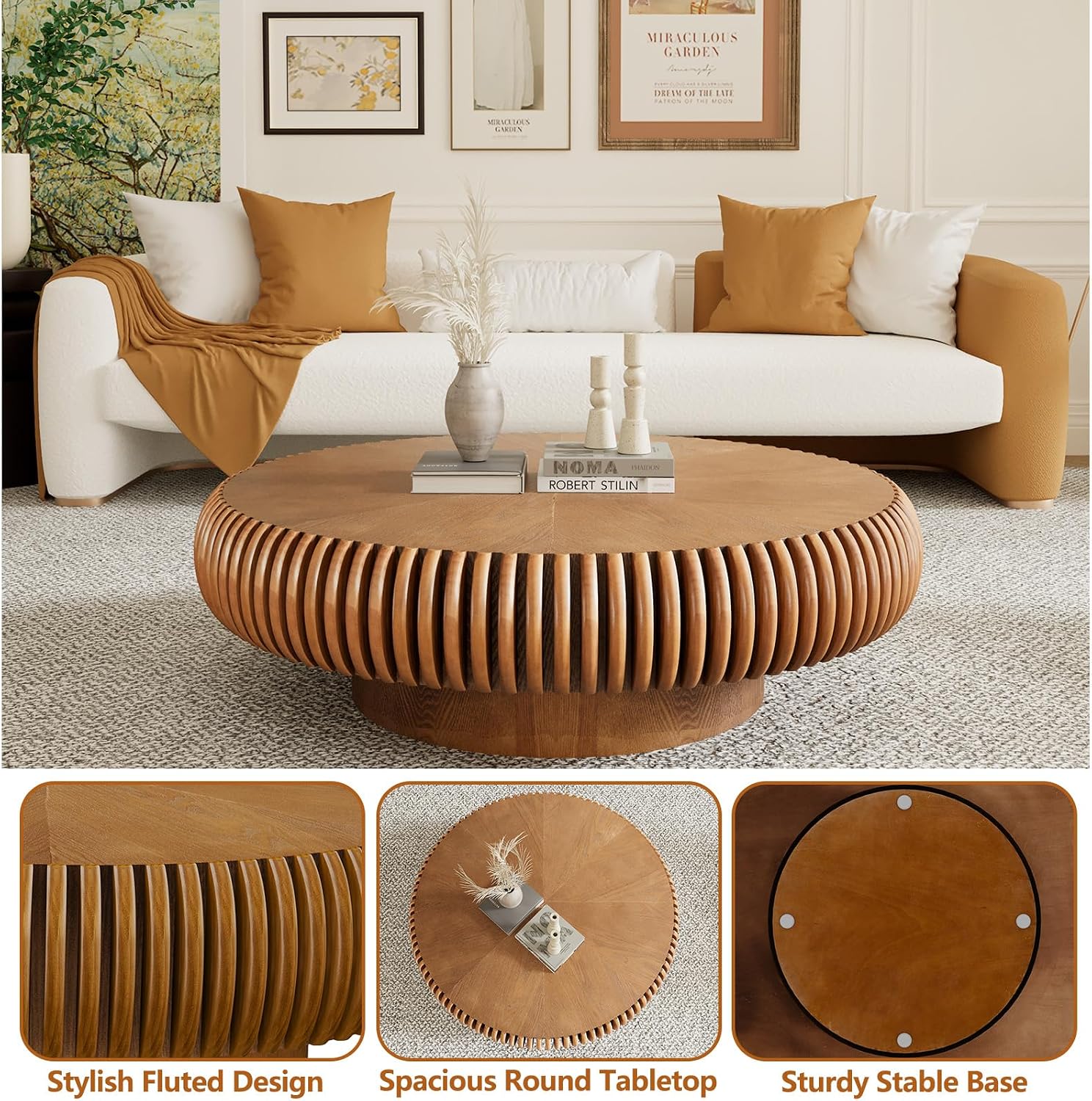 Round Drum Coffee Table with Sturdy Pedestal, Modern Wooden Fluted Coffee Table, Circle Center Table Accent Tea Table for Living Room Apartment Office Reception Room (Brown D39.4)