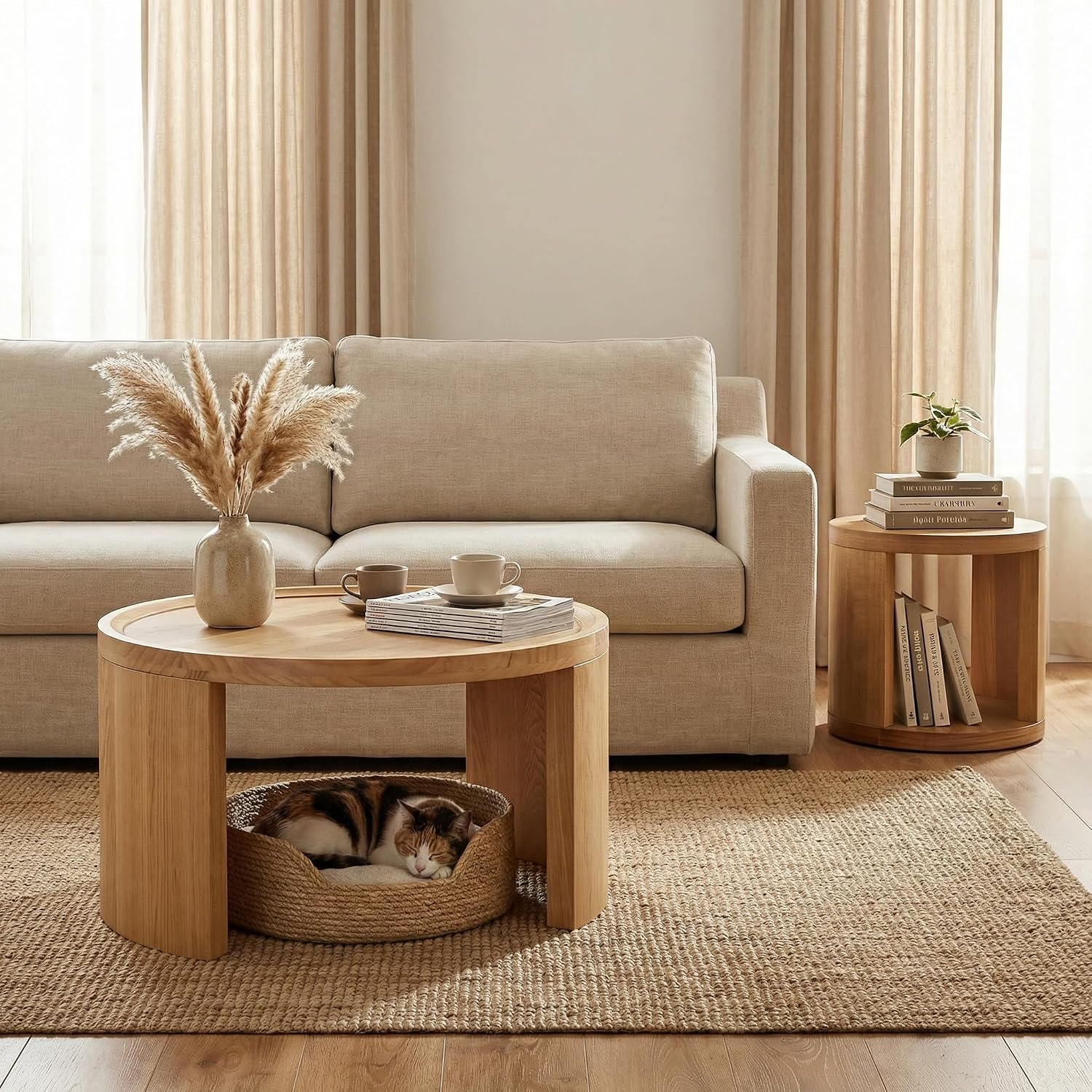 Round Nesting Coffee Table Set of 2, Brown Coffee Table, 31.5' Large & 18' Small Low Tables with Wood Top, Center Table for Living Room, Bedroom, Minimalist Center Table Set