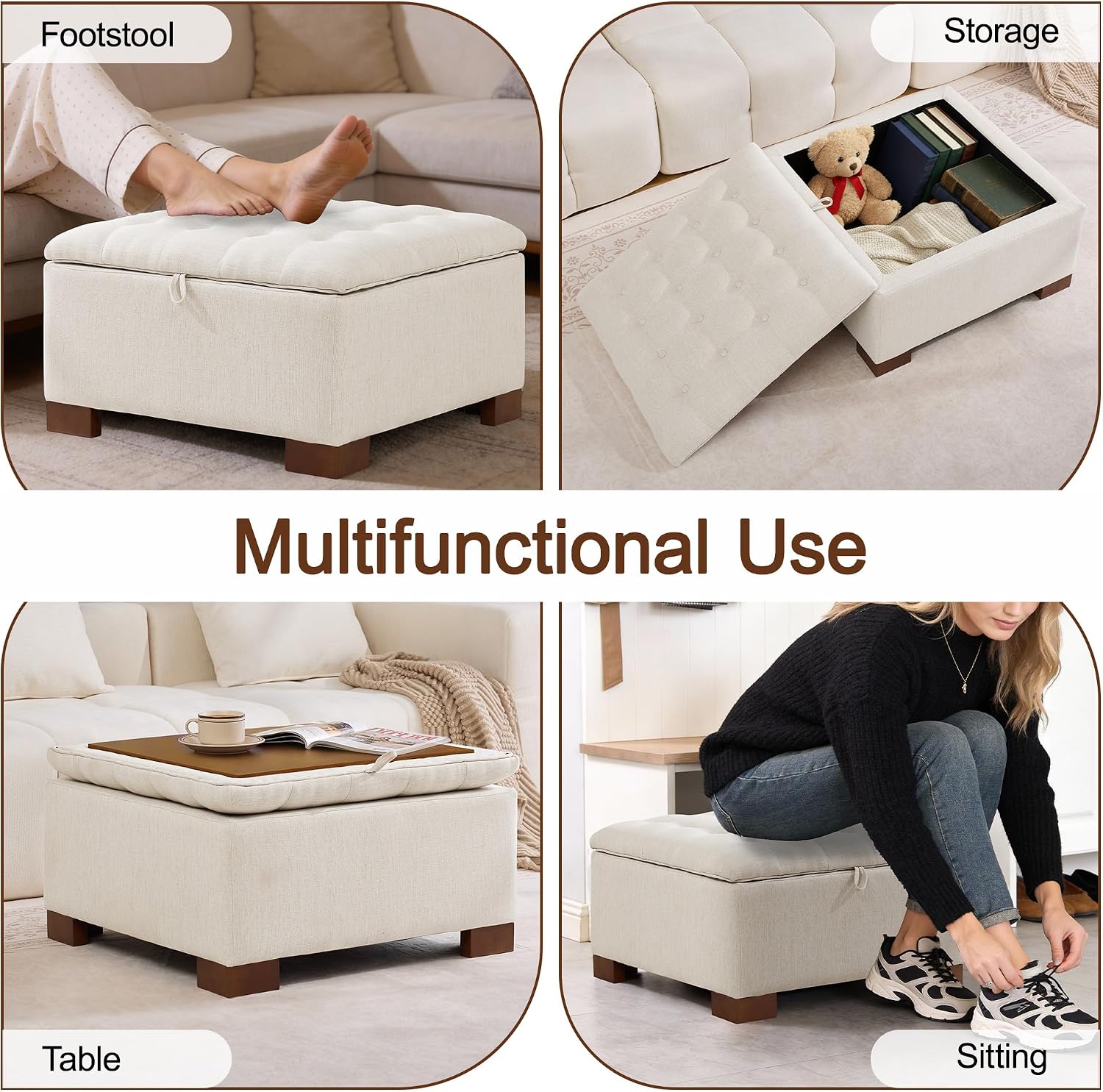 WUTUTUEE 30' Fabric Square Storage Ottoman with Wooden Tray, Modern Tufted Button Footstool Coffee Table, Upholstered Large Ottoman for Living Room, Bedroom, Beige