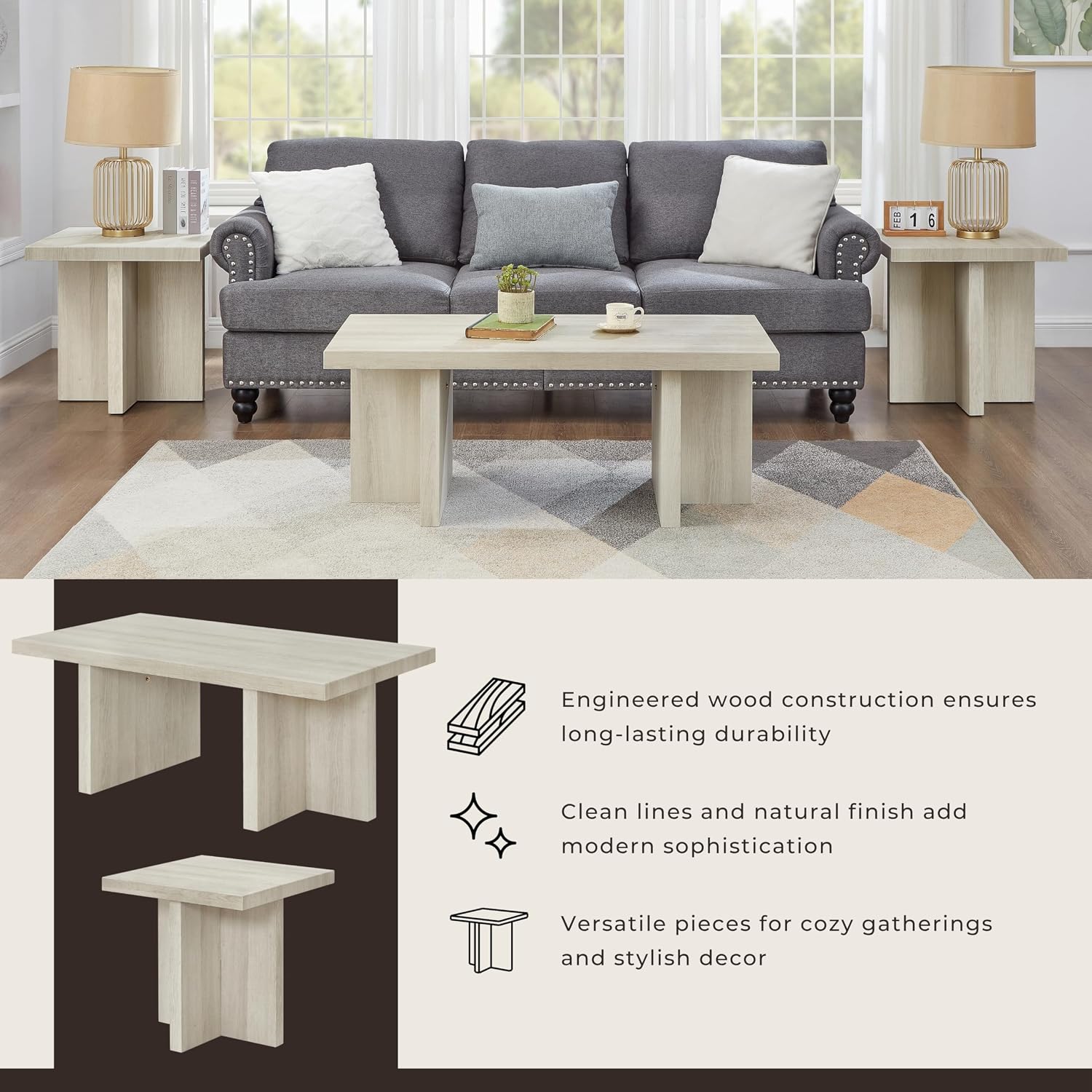 Roundhill Furniture Mchome 3-Piece Coffee Table Set, Coffee Table and Two End Tables, White Finish