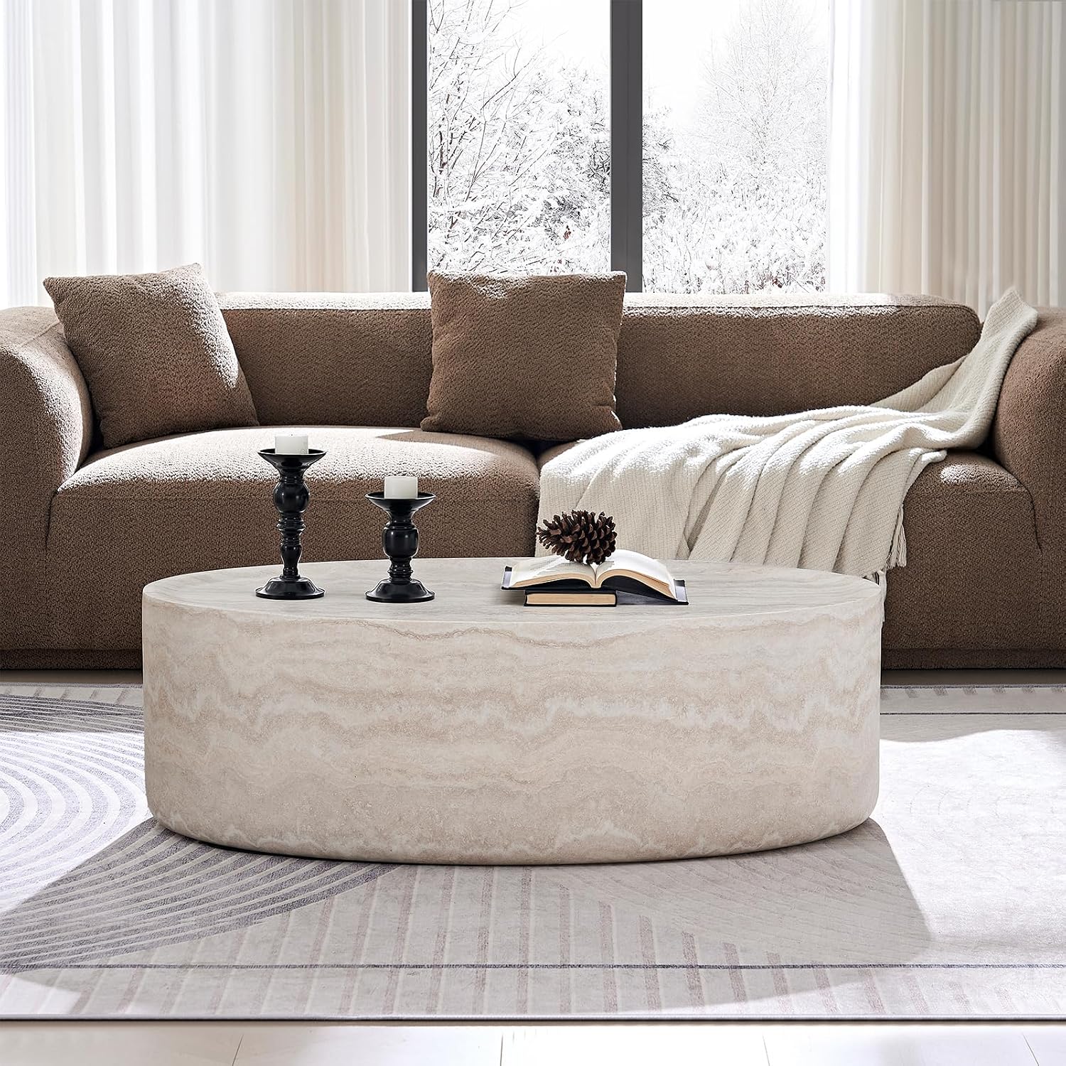 Round Coffee Tables for Living Room, Faux Mars Pattern Pedestal Coffee Tables Mid Century Modern Minimalist Side Tables Travertine Stone Pattern Accent End Table for Apartment, Fibgerglass 43.7'