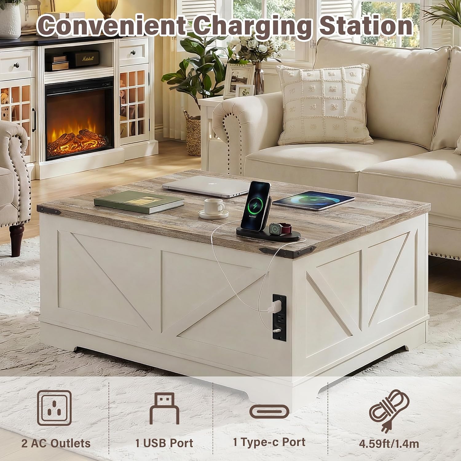 BREEZEHEAT Farmhouse Lift Top Coffee Table with Storage, Large 40' Wood Square Coffee Table with Charging Station&USB Port, Living Room Table w/Hidden Space, for Living Room,Home Office, White
