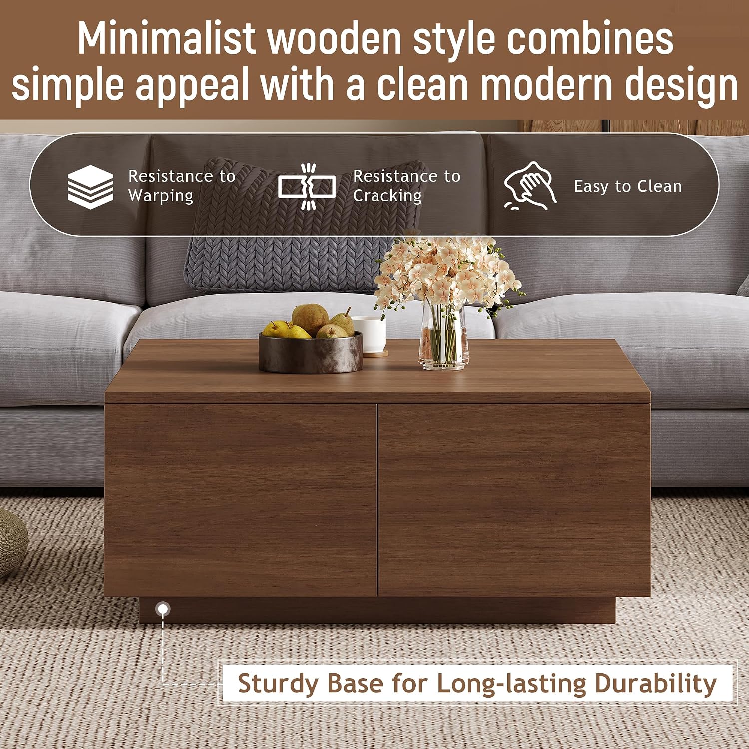 SSLine Square Coffee Table with 4 Storage Drawers,33.2-Inch Walnut Wooden Coffee Table for Living Room Minimalist Cocktail Center Tables for Small Space