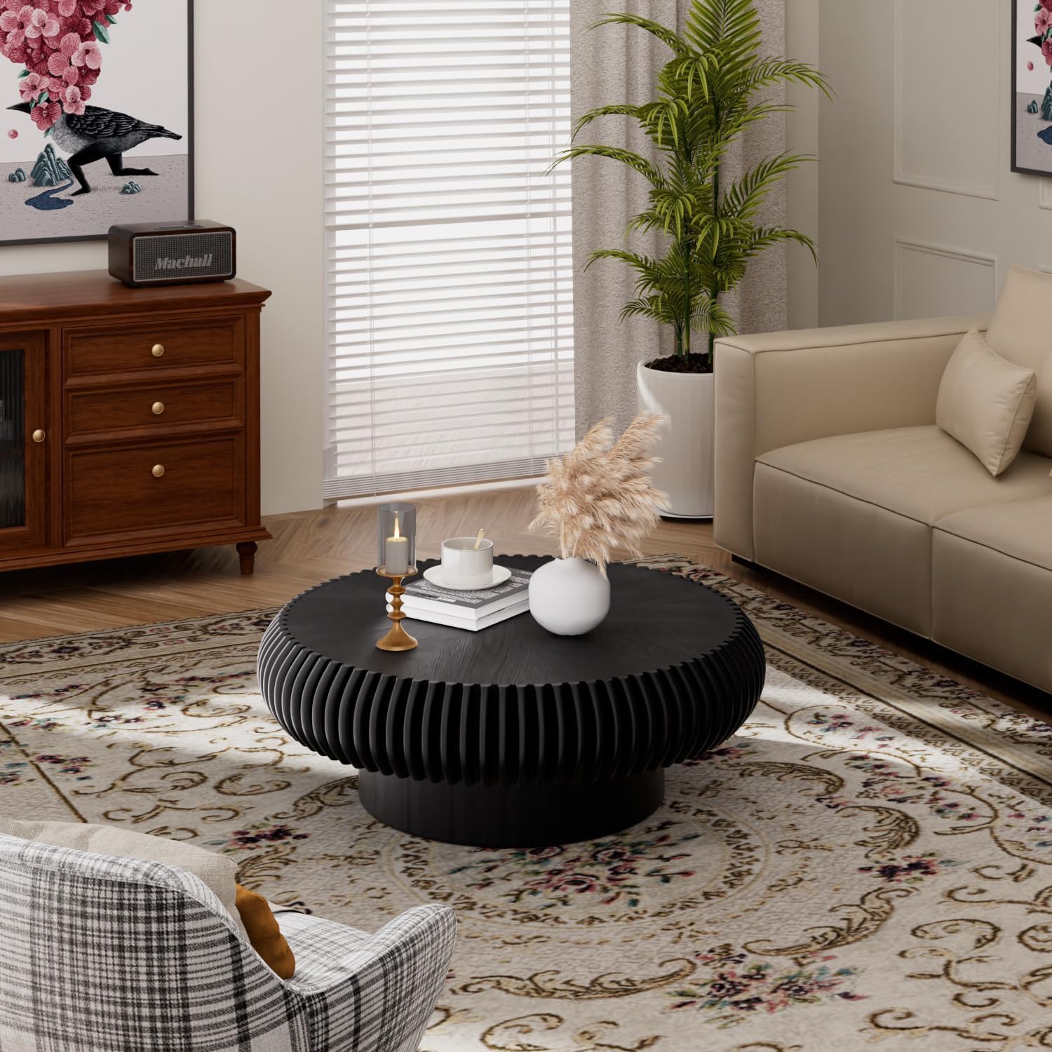 31.5' Drum Coffee Table Modern Unique Fluted Tea Table Contemporary Wood Round Coffee Table with Fluted Centry Table for Living Room Walnut (31.5' Black)