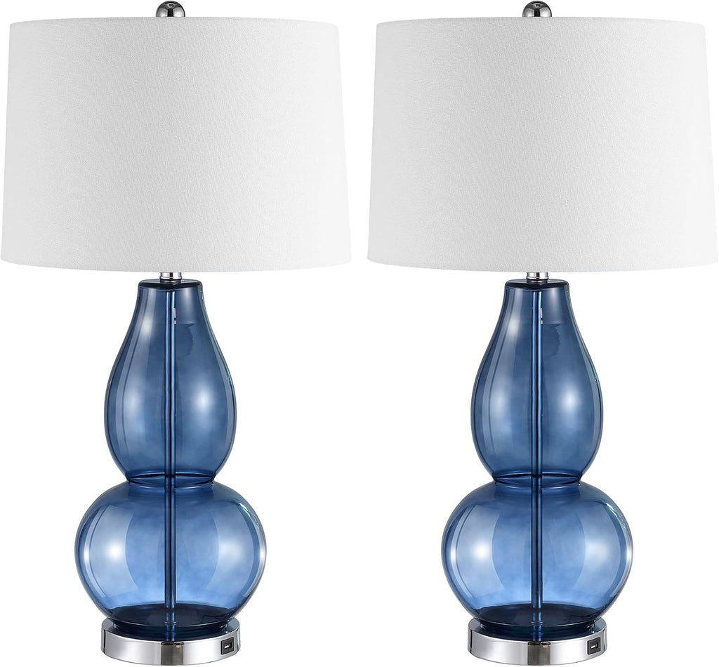 SAFAVIEH Lighting Collection Mercurio Blue Glass Double Gourd 28-inch Table Lamp Set of 2 with USB Charging Port (LED Bulbs Included)