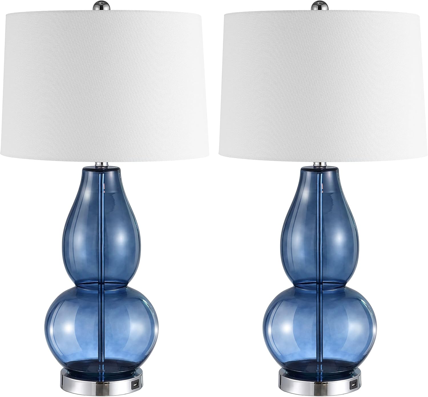 SAFAVIEH Lighting Collection Mercurio Blue Glass Double Gourd 28-inch Table Lamp Set of 2 with USB Charging Port (LED Bulbs Included)