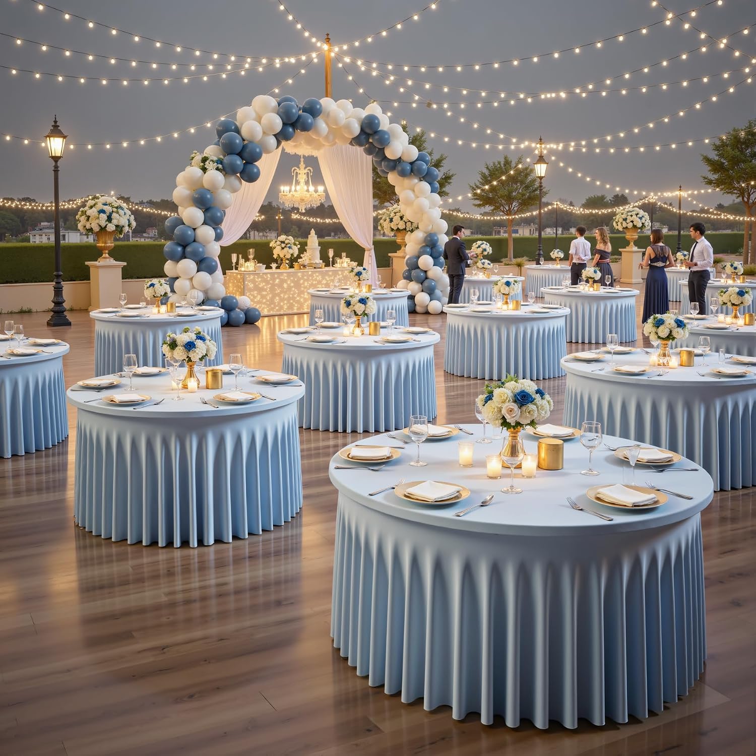 6 Pack Spandex Dusty Blue Round Tablecloths for 60in Tables, Stretchy 120inch Fitted 5FT Round Table Cloths, Wrinkle Free Table Cover with Skirt for Wedding Birthday Party Bridal Shower Banquet