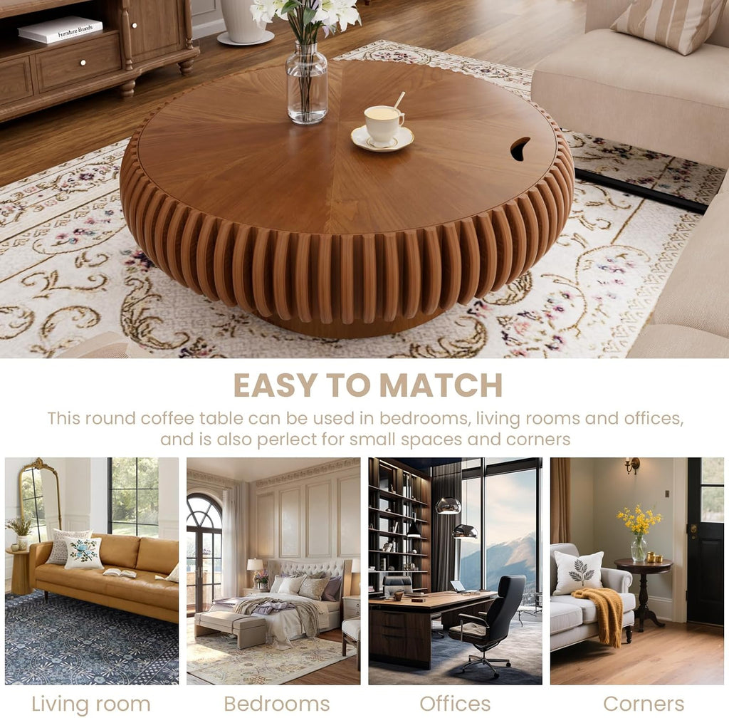 39.37'' Round Fluted Coffee Table with Storage, Modern Wooden Drum Coffee Table, Circle Center Table Accent Tea Table with Sturdy Pedestal for Living Room Apartment Small Space (39.37' Storage Brown)