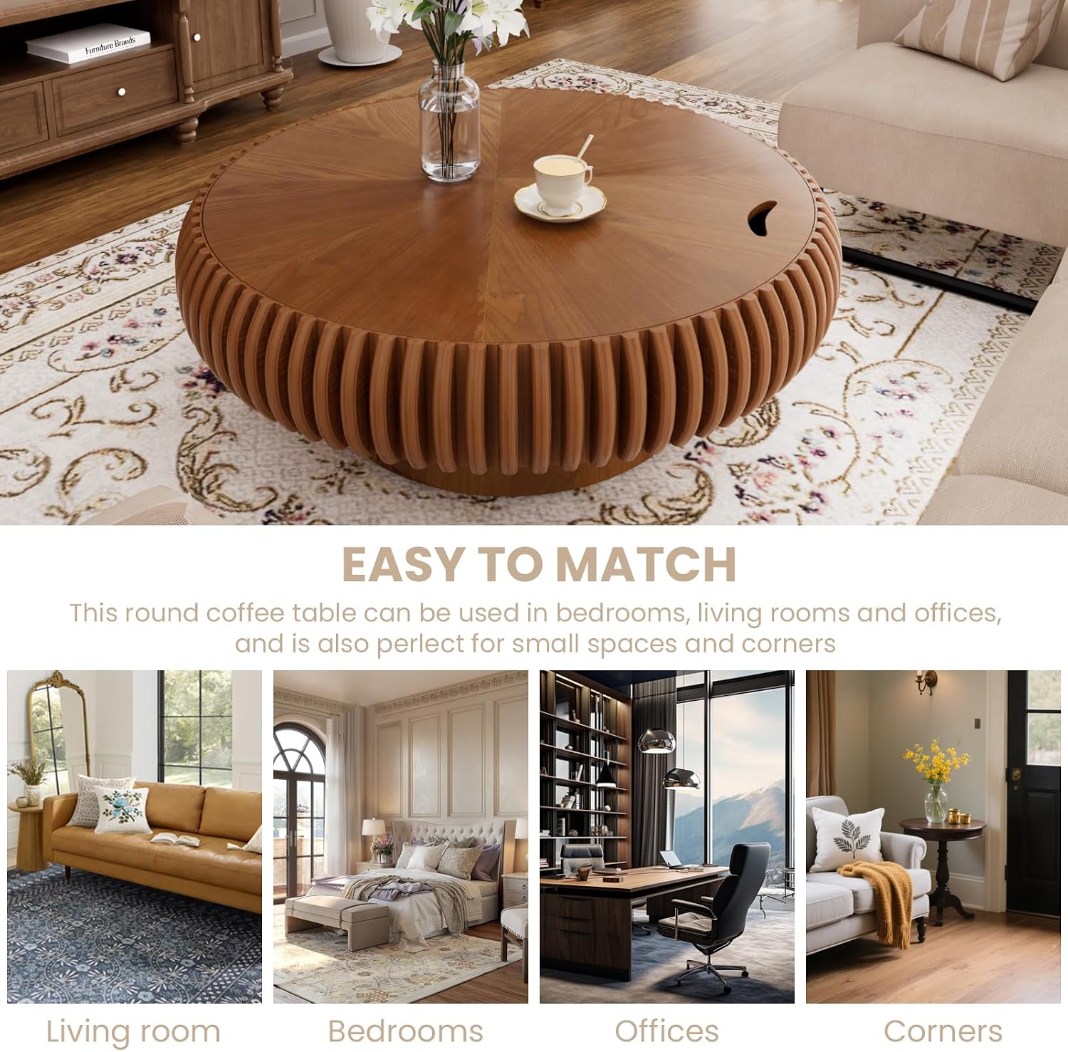 39.37'' Round Fluted Coffee Table with Storage, Modern Wooden Drum Coffee Table, Circle Center Table Accent Tea Table with Sturdy Pedestal for Living Room Apartment Small Space (39.37' Storage Brown)