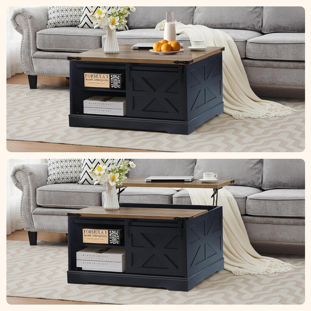 Farmhouse Lift Top Coffee Table, Wood Square Coffee Table with Sliding Barn Door and Adjustable Shelf Rustic Center Table with Hidden Storage Compartment for Living Room, Black