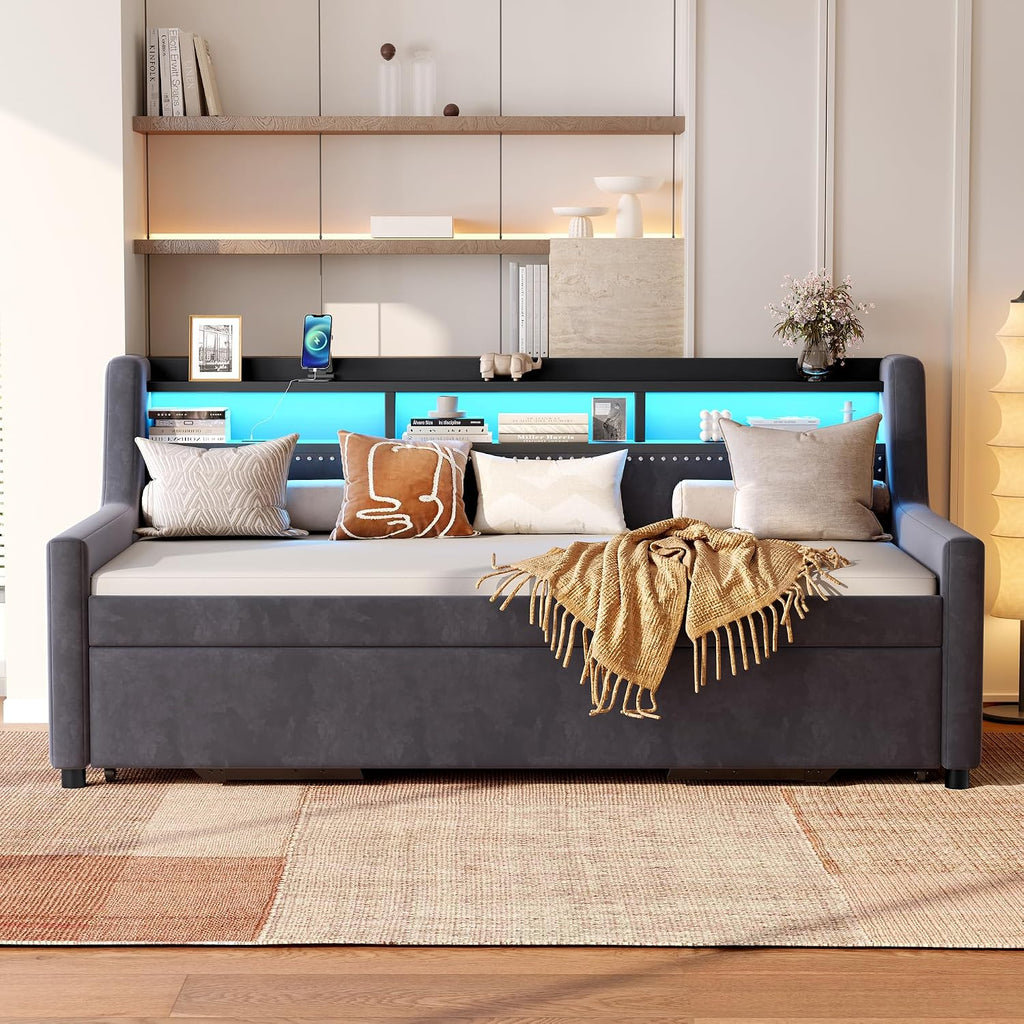 Twin Size Upholstered Daybed with Pop Up Trundle Bed, Storage Shelves, LED Light and Charging Station, Modern Velvet Corner Sofa Day Bed Frame for Bedroom, Living Room, Dark Grey