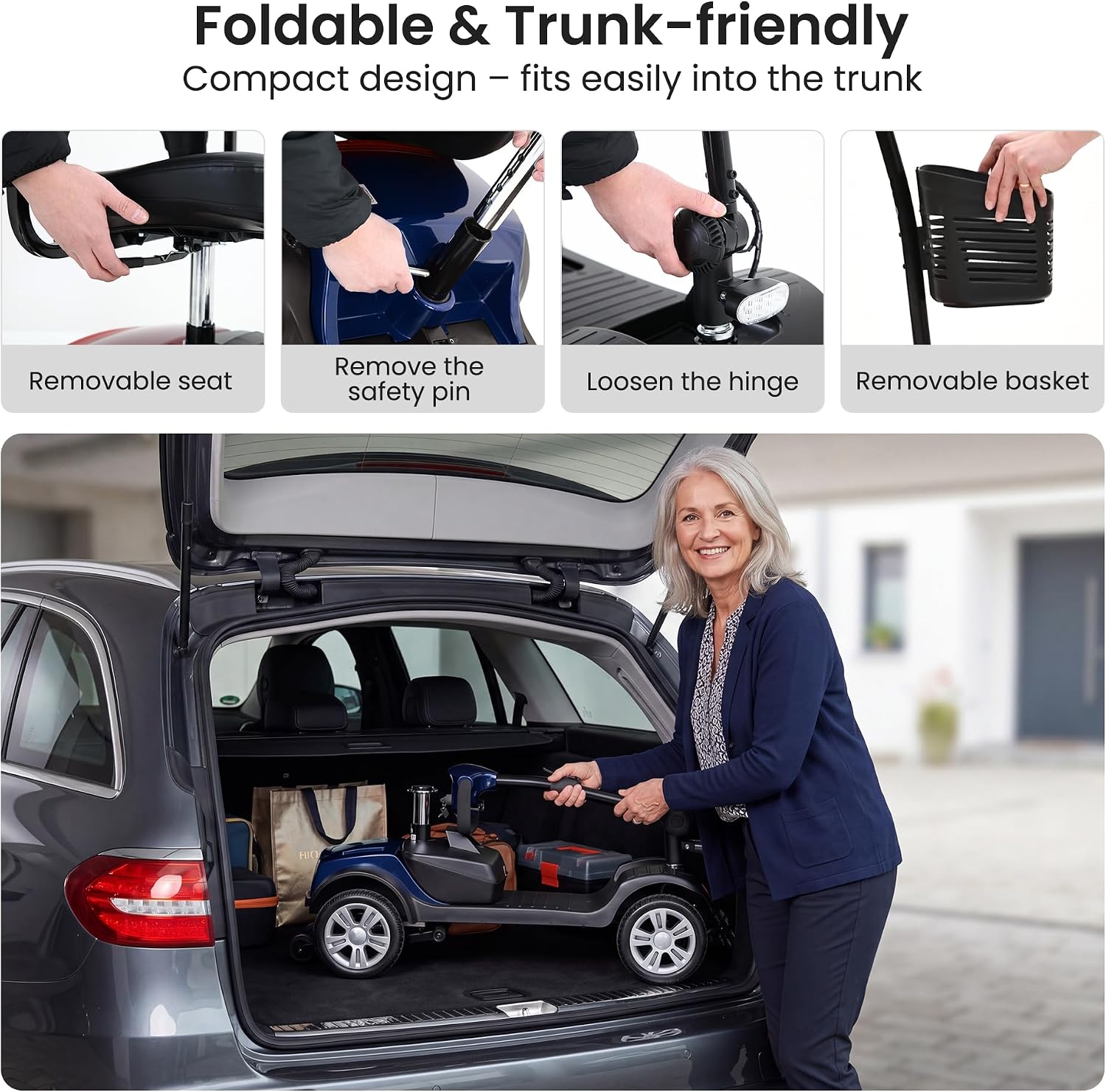 Metro Mobility 4 Wheel Electric Mobility Scooters for Adults - 300 lbs Capacity Folding Mobility Scooter for Seniors, Travel - Long Range Power Extended Battery - Black