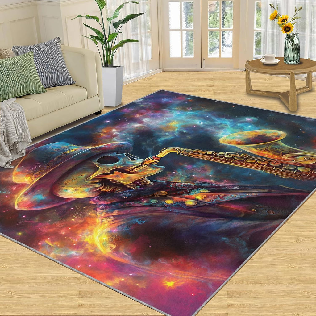 Saxophone Rug Large - 5x7 Rug, Skull Area Rugs for Living Room, Music Lovers Washable Carpet for Bedroom, Fantasy Galaxy Rugs, Boys Room Carpet - Saxophone Home Decor & Gift