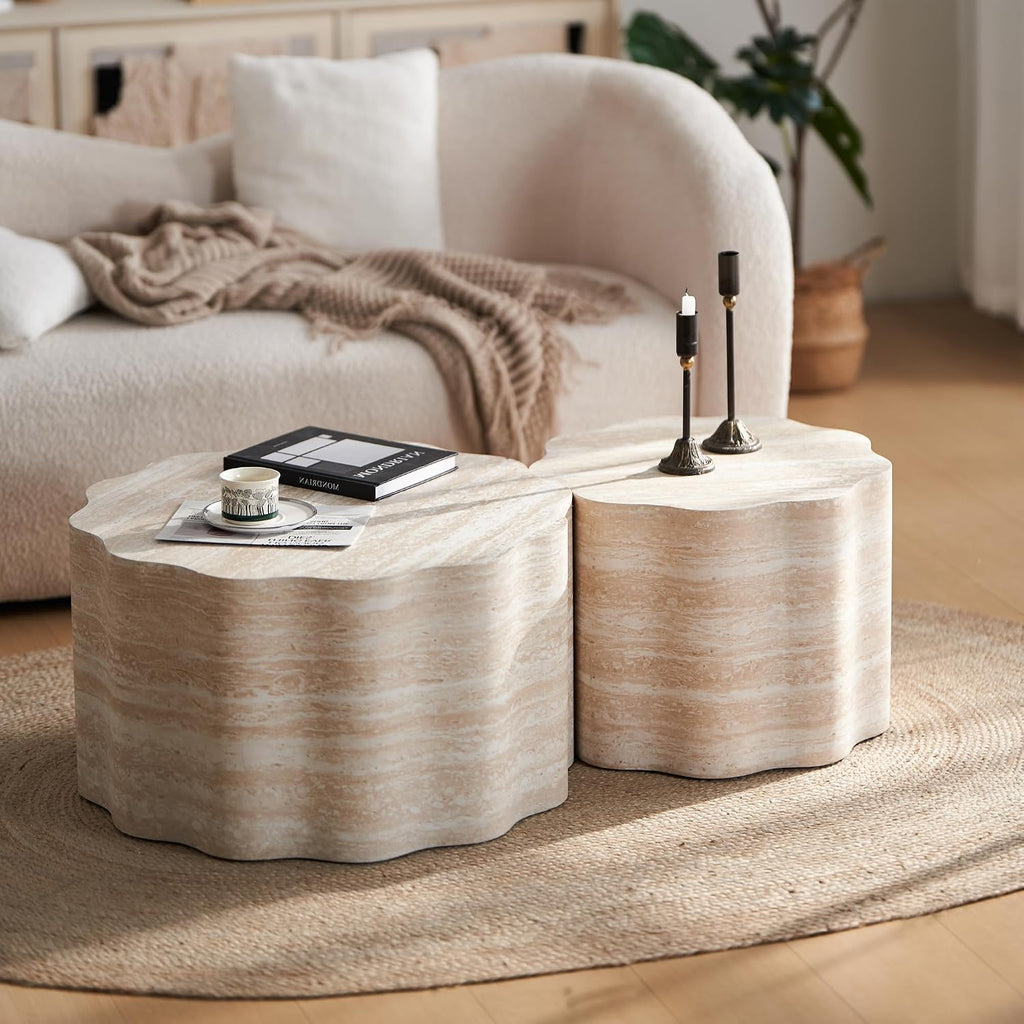JUSTONE Set of 2 Round Coffee Tables for Living Room,Modern Fiberglass Cream Style Coffee Table Minimalist Side Tables for Apartment,Office,Matte White