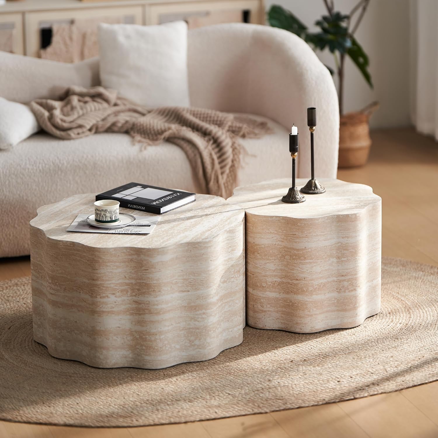 JUSTONE Set of 2 Round Coffee Tables for Living Room,Modern Fiberglass Cream Style Coffee Table Minimalist Side Tables for Apartment,Office,Matte White
