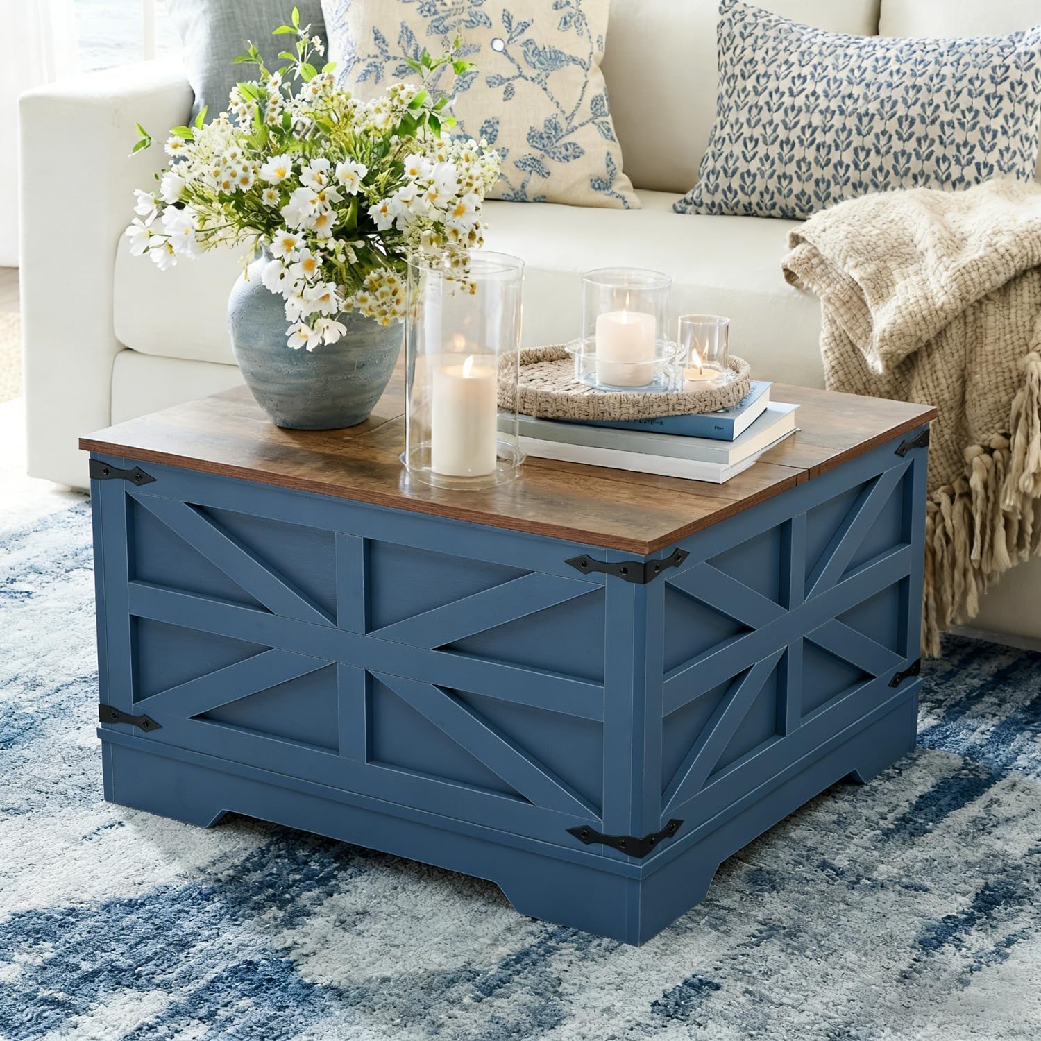 Lift Top Coffee Table, 31.5' Square Coffee Table with Storage, Farmhouse Coffee Tables for Living Room, Cocktail Tables with Large Hidden Compartment, Rustic Blue