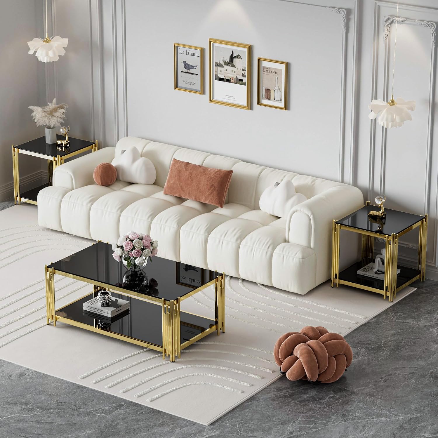 Glass Coffee Table Set of 3, End Table Modern Living Room Table Rectangle Clear Tempered Glass Stainless Steel Leg, Square Side Table for Home Furniture Set (Black, 43' Set of 3)