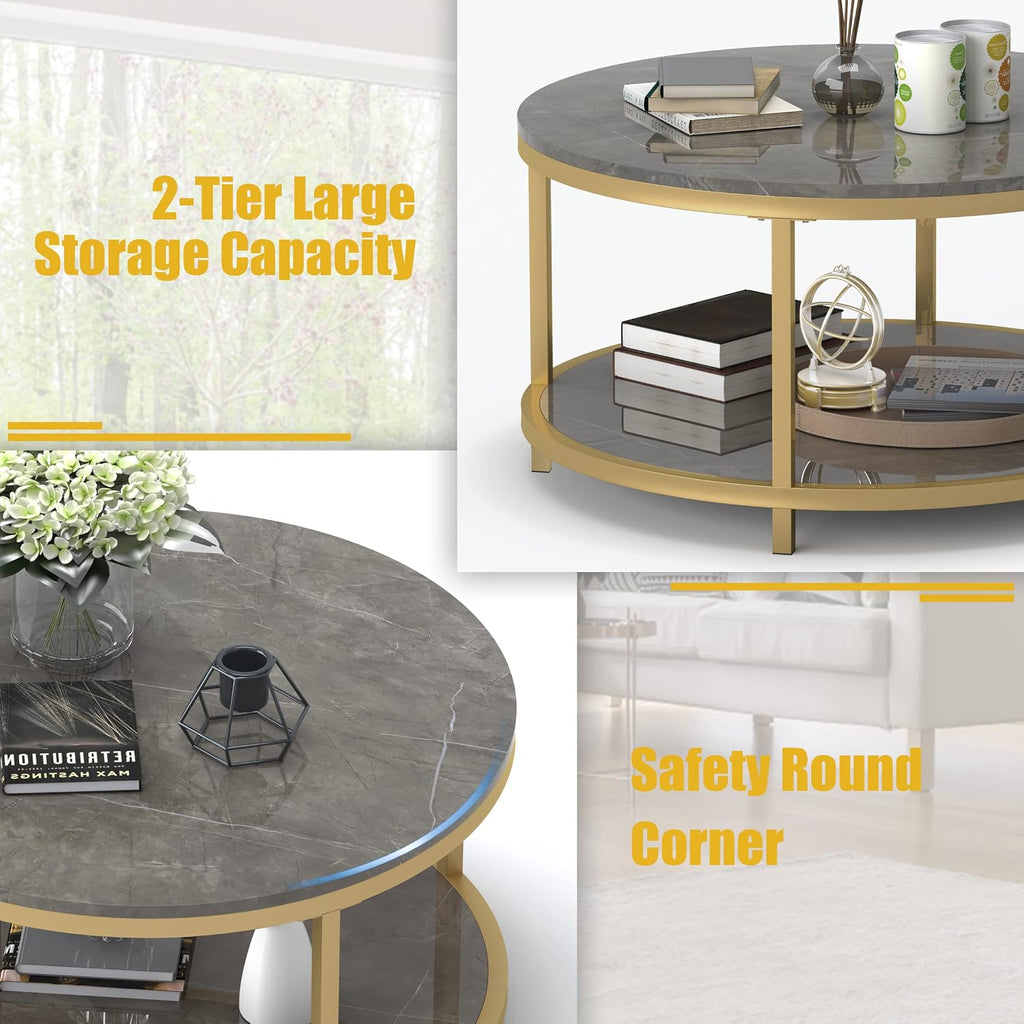 WiberWi Round Coffee Table 33.5' Coffee Tables for Living Room High Glossy Faux Marble Top Modern Circle Table Sturdy Gold Metal Frame Legs Cocktail Table with Storage Open Shelf