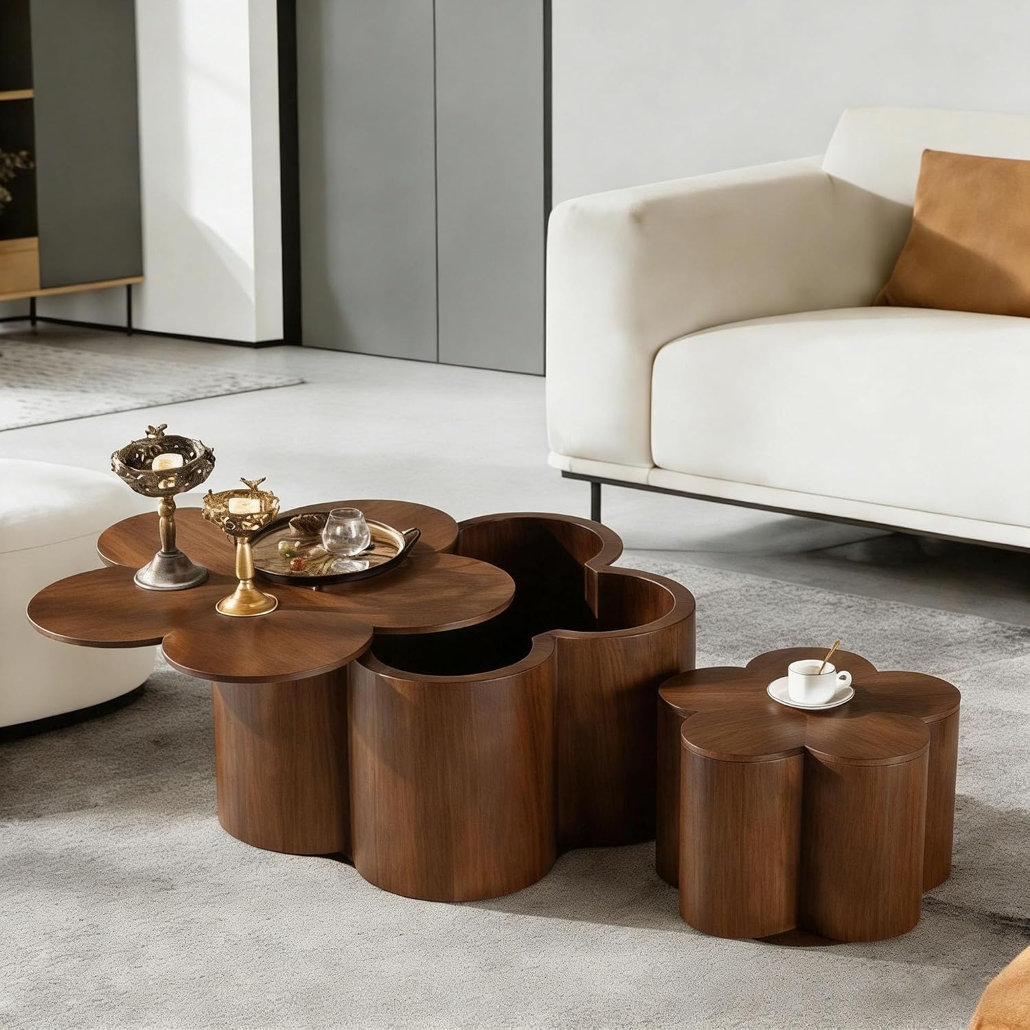 Nesting Tables for Living Room with Storage, Retro Nesting Coffee Table Set of 2, Petal Walnut Solid Wood Coffee Tables Mid Century Modern Center End Side Table Sets for Farmhouse Apartment Office
