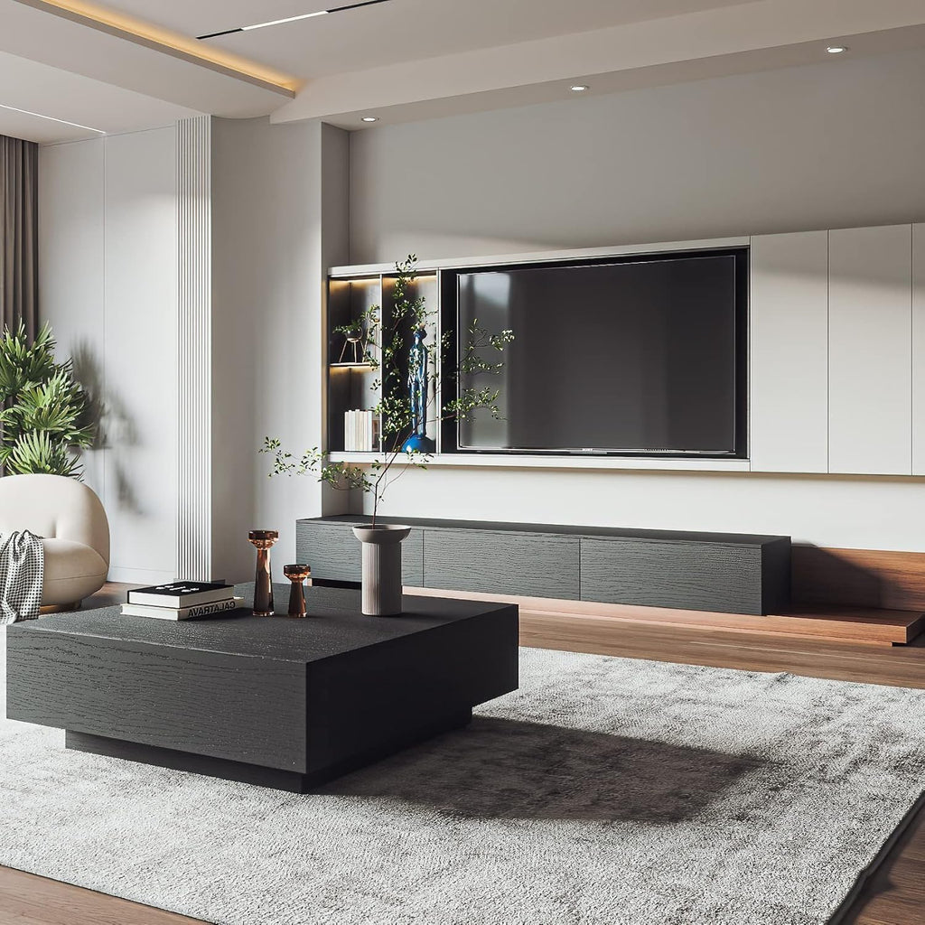 POVISON Modern Square Coffee Table with Drawers, 39.37' Wood Coffee Table for Living Room Home Office, Fully-Assembled Black