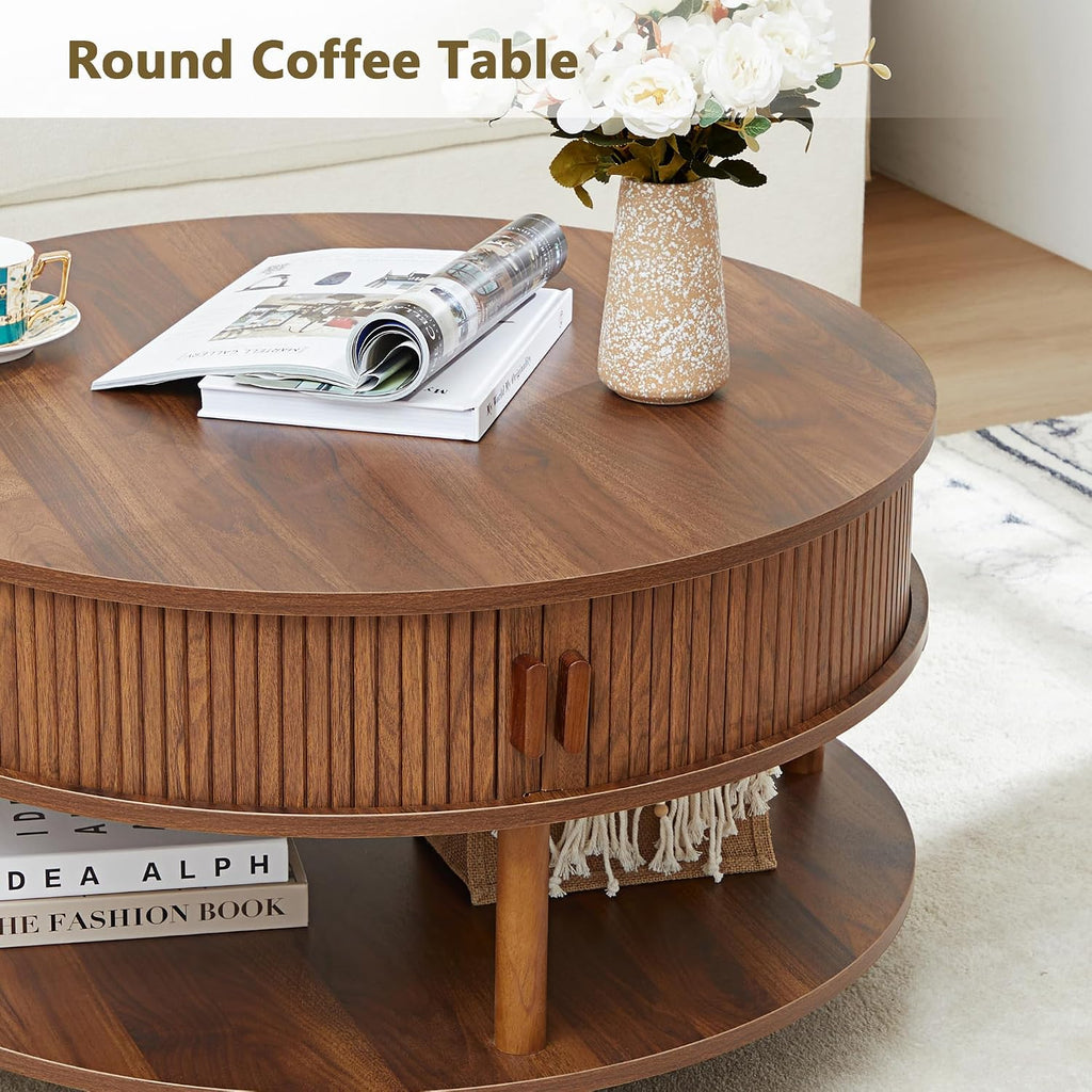 RARZOE 31.5' Round Coffee Table with Storage, Wood Circle Coffee Table with Sliding Cabinet Doors, Fluted Dining Table Accent Center Table for Living Room Home Office Apartment, Walnut