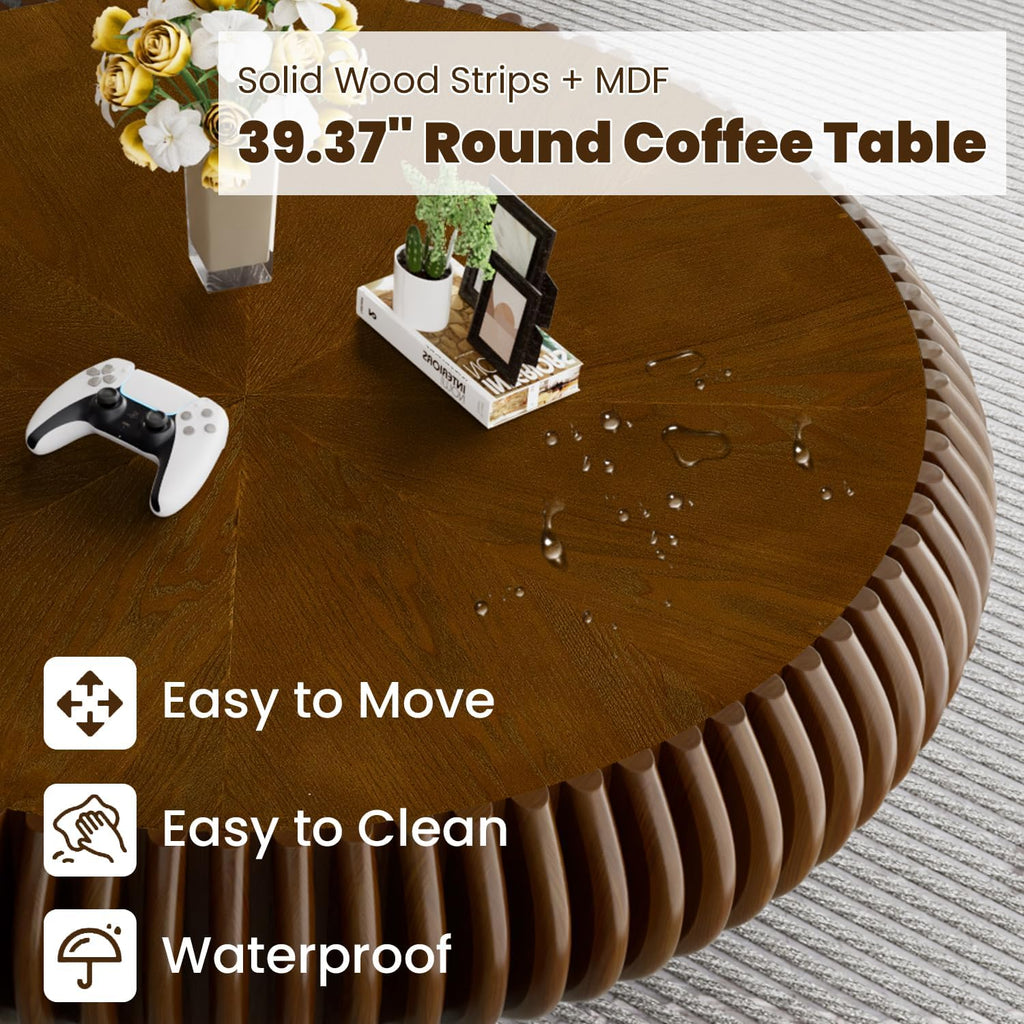 39.3' Drum Coffee Table Modern Unique Fluted Tea Table Contemporary Wood Round Coffee Table with Fluted Centry Table for Living Room Walnut (39.3' Walnut)