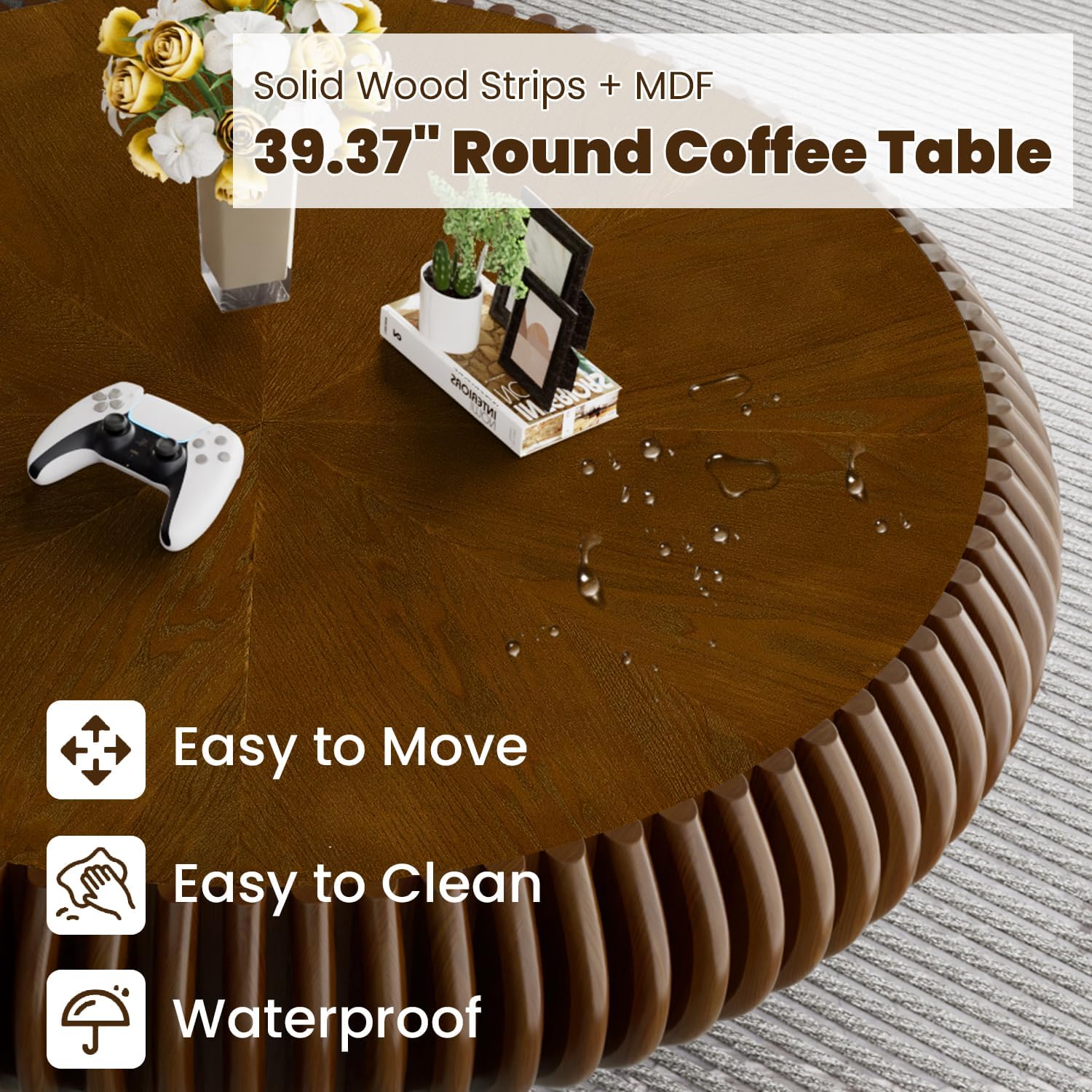 39.3' Drum Coffee Table Modern Unique Fluted Tea Table Contemporary Wood Round Coffee Table with Fluted Centry Table for Living Room Walnut (39.3' Walnut)