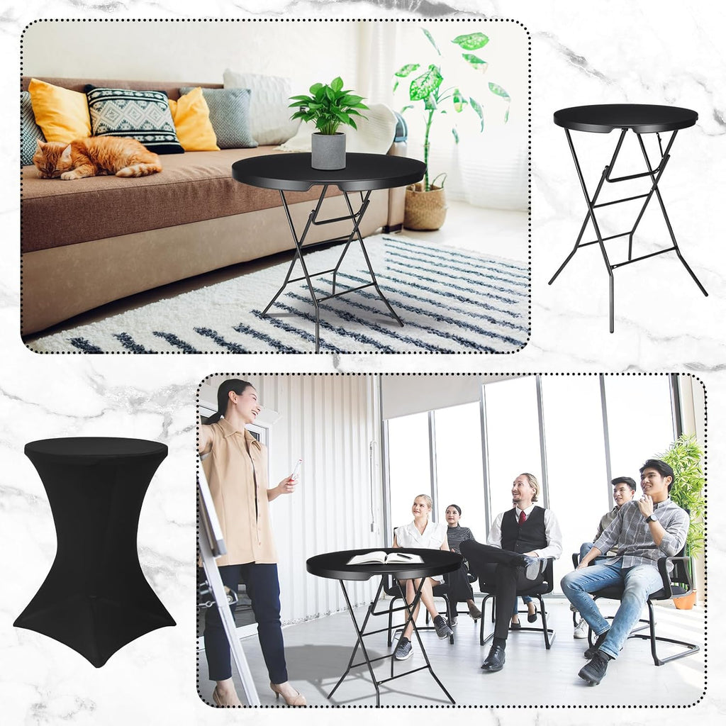 Cocktail Table 32' x 32'x 43.3' High Top Round Folding with Cocktail Table Spandex Covers Indoor Outdoor, Plastic Bar Height Foldable Bistro Tall for Party, Patio, Dining Room (Black)