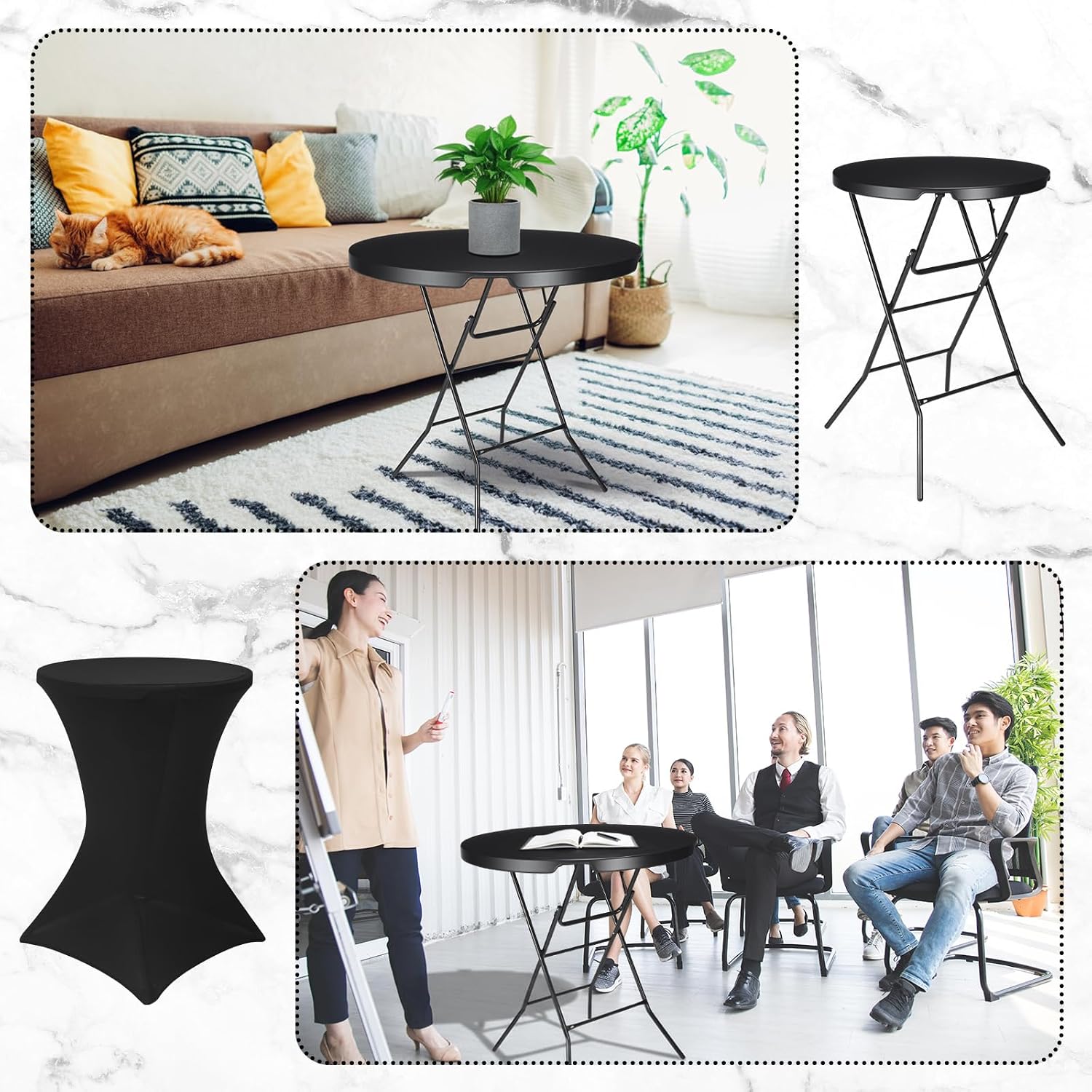 Cocktail Table 32' x 32'x 43.3' High Top Round Folding with Cocktail Table Spandex Covers Indoor Outdoor, Plastic Bar Height Foldable Bistro Tall for Party, Patio, Dining Room (Black)
