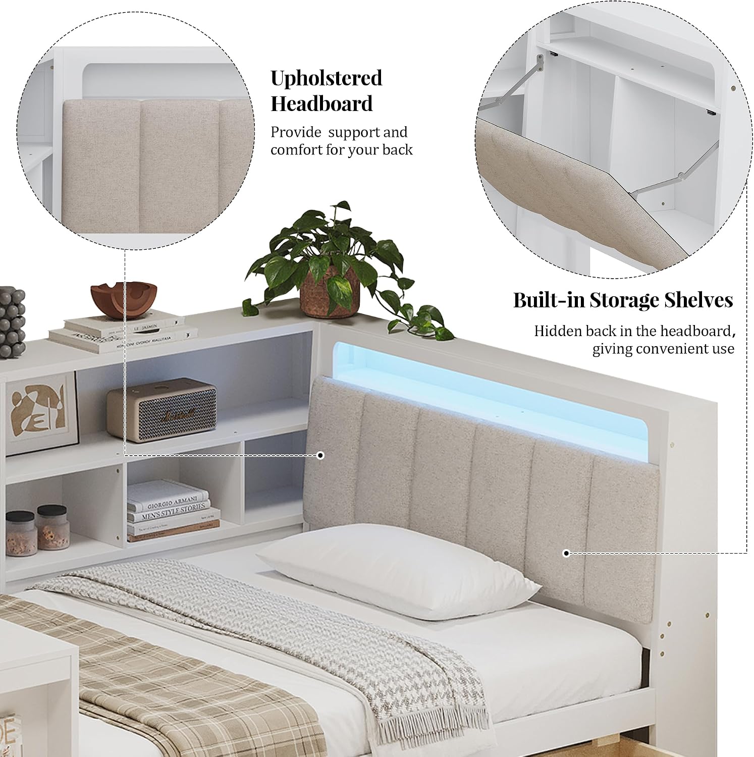 Multi-Functional Full Size Daybed with Storage Shelves and Study Desk, Wood Corner Bed Frame with Upholstered Headboard and 2 Drawers for Office Living Room Bedroom, Space-saving (White-G8, Full)