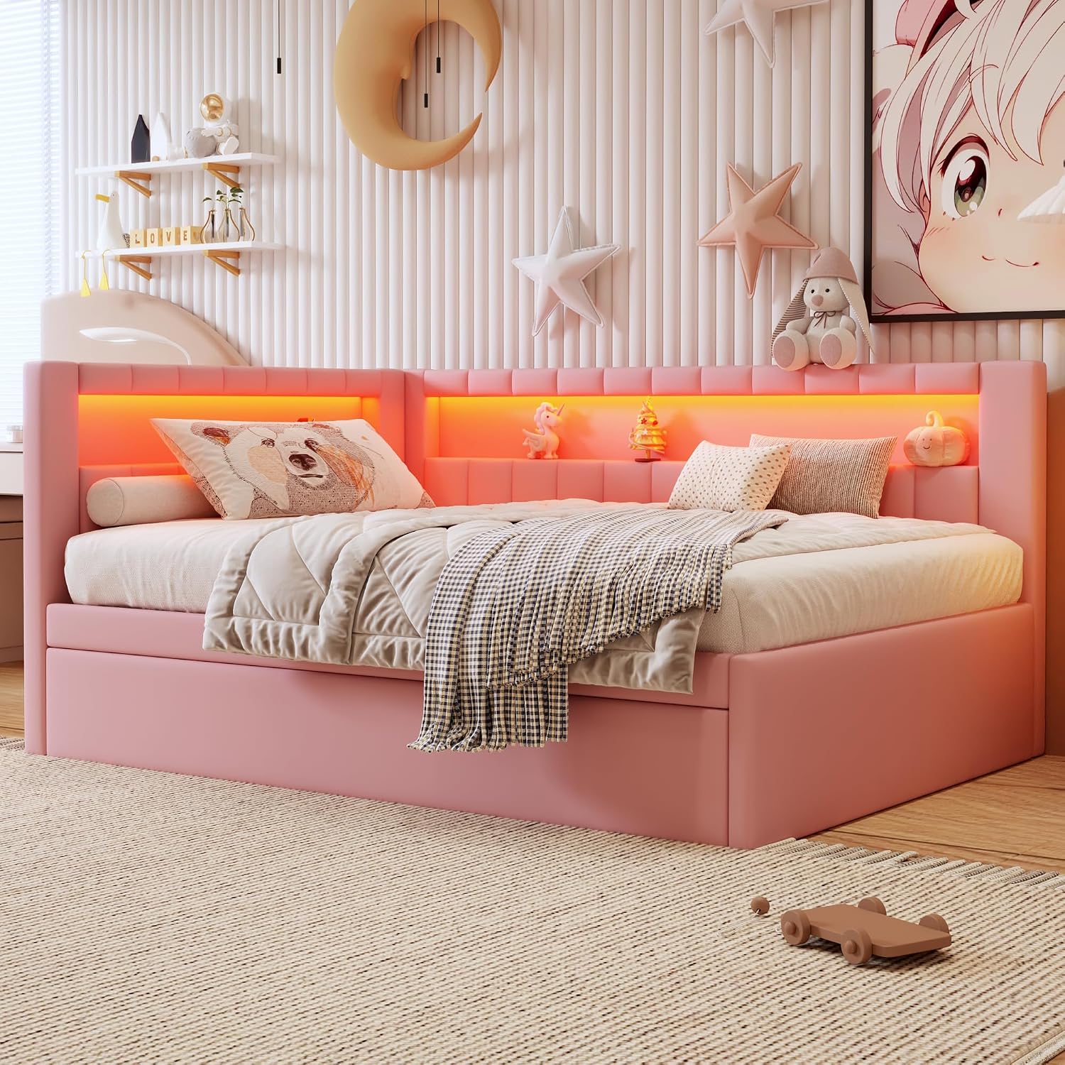 Full Size Upholstered Daybed with Trundle and LED, USB-Ports, L-Shaped Corner Unit Sofa Day Bed Frame with Storage Bookshelf, Girls, Kids, Adults, Boys, Pink