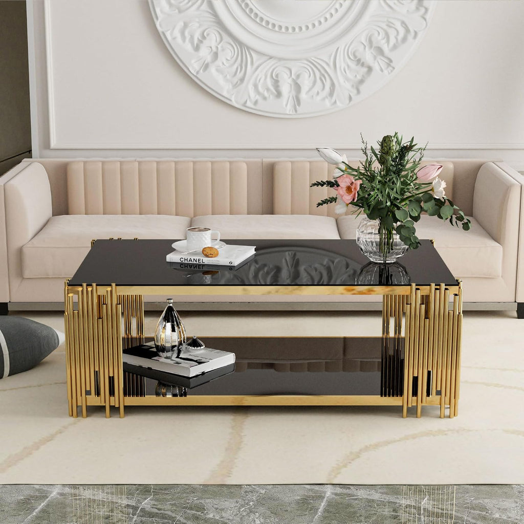 Gold Glass Coffee Table Black Modern Living Room Table Stainless Steel Metal Leg Large Rectangular Tempered Glass Center Tables for Home Office (Black, 51' Coffee Table)
