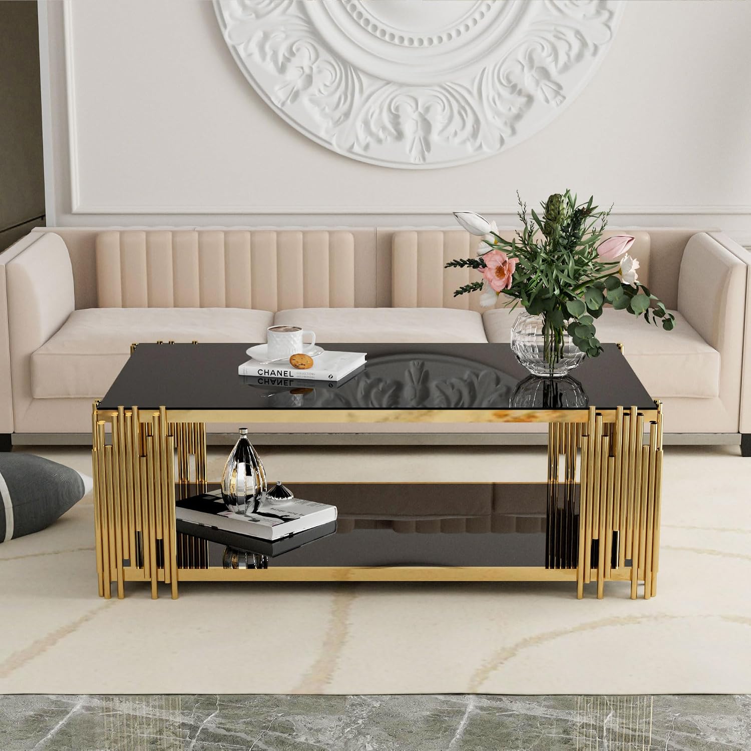 Gold Glass Coffee Table Black Modern Living Room Table Stainless Steel Metal Leg Large Rectangular Tempered Glass Center Tables for Home Office (Black, 51' Coffee Table)