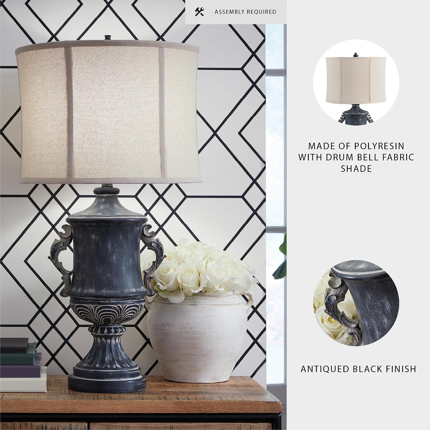 Signature Design by Ashley Morvanford Vintage Polyresin Table Lamp with 3-Way Switch, Black