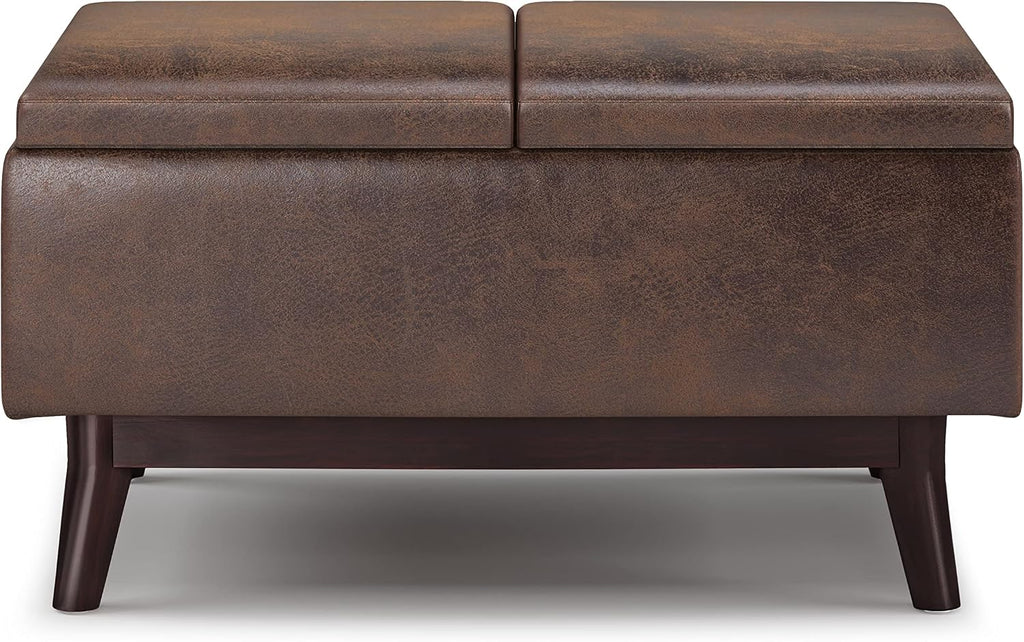 SIMPLIHOME Owen Tray Top Small Coffee Table Storage Ottoman - 34 inch Wide Upholstered Vegan Leather Rectangular Flip-Top Ottoman in Distressed Chestnut Brown, Mid-Century Ottoman for Living Room