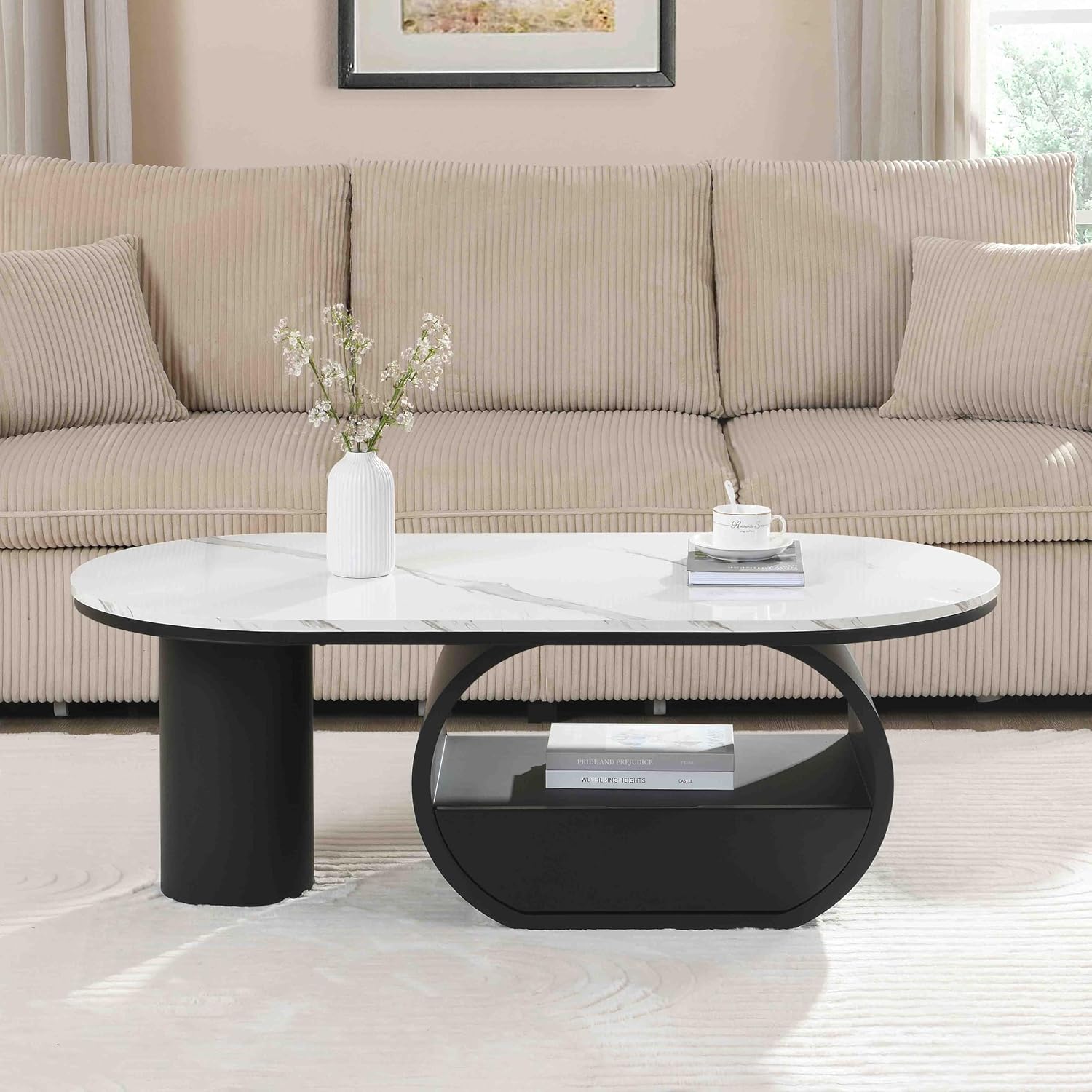 Luxury Faux Marble Oval Coffee Table, 47'' Modern Living Room Table with Storage Drawer, Wooden White MDF Top & Black Metal Base, Large Center Tables for Home Apartment